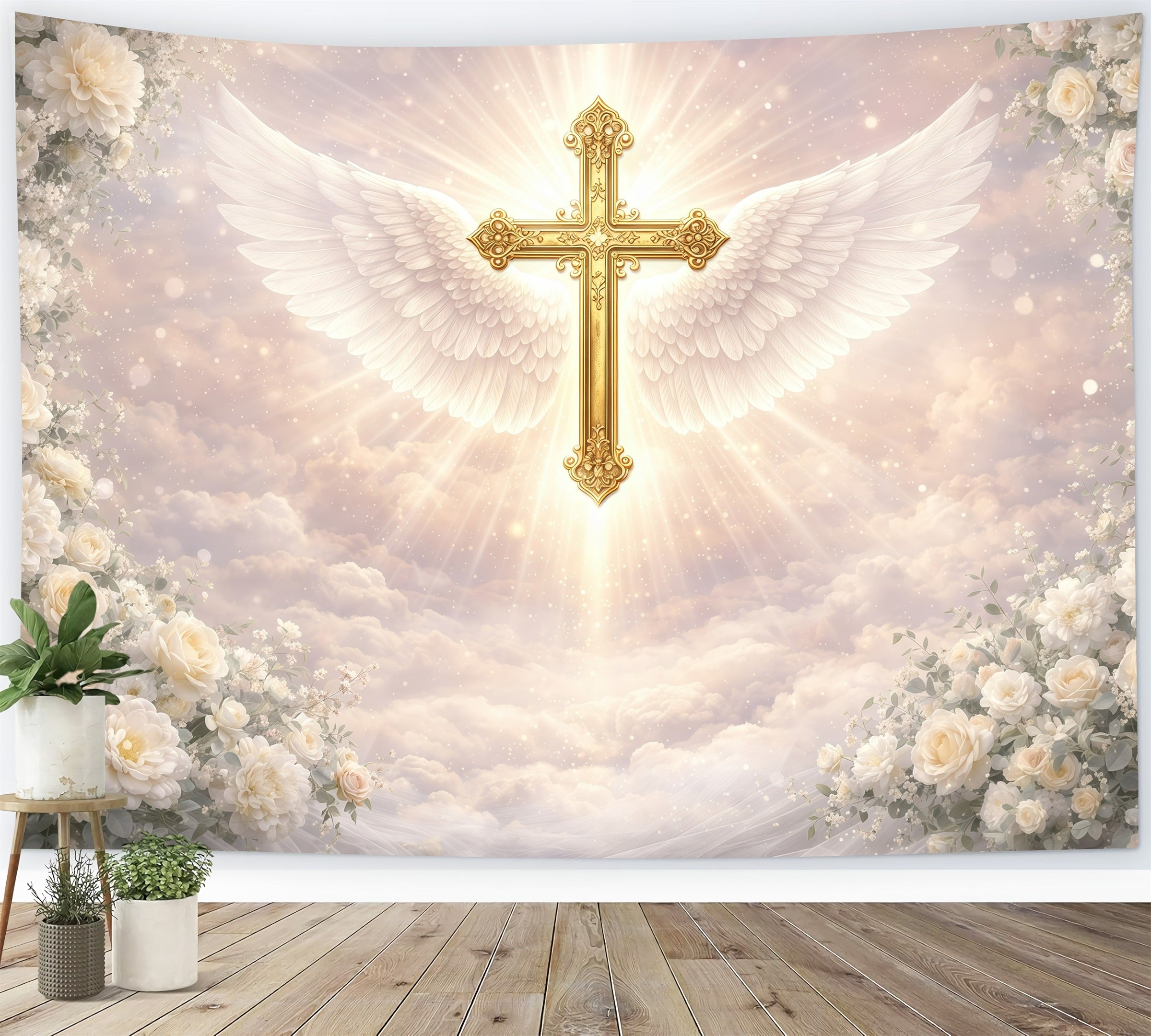 Easter Religious Backdrops Angelic Winged Golden Cross Easter Photoshoot Backdrop GQ61-36