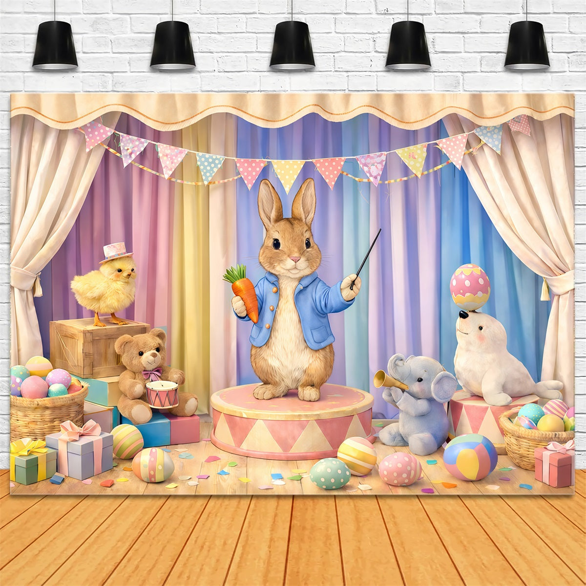 Pastel Easter Backdrop Cartoon Bunny Circus Stage Easter Picture Backdrop Ideas GQ61-42