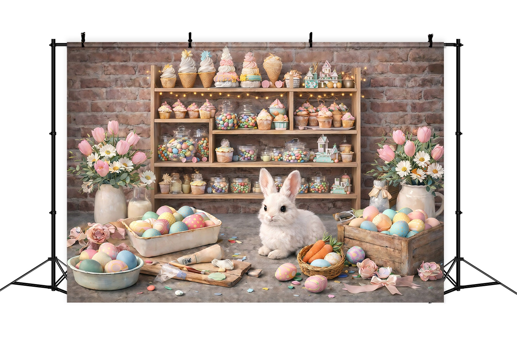 Easter Wall Backdrop Rustic Bunny Dessert Workshop Easter Photography Backdrops For Sale GQ61-43