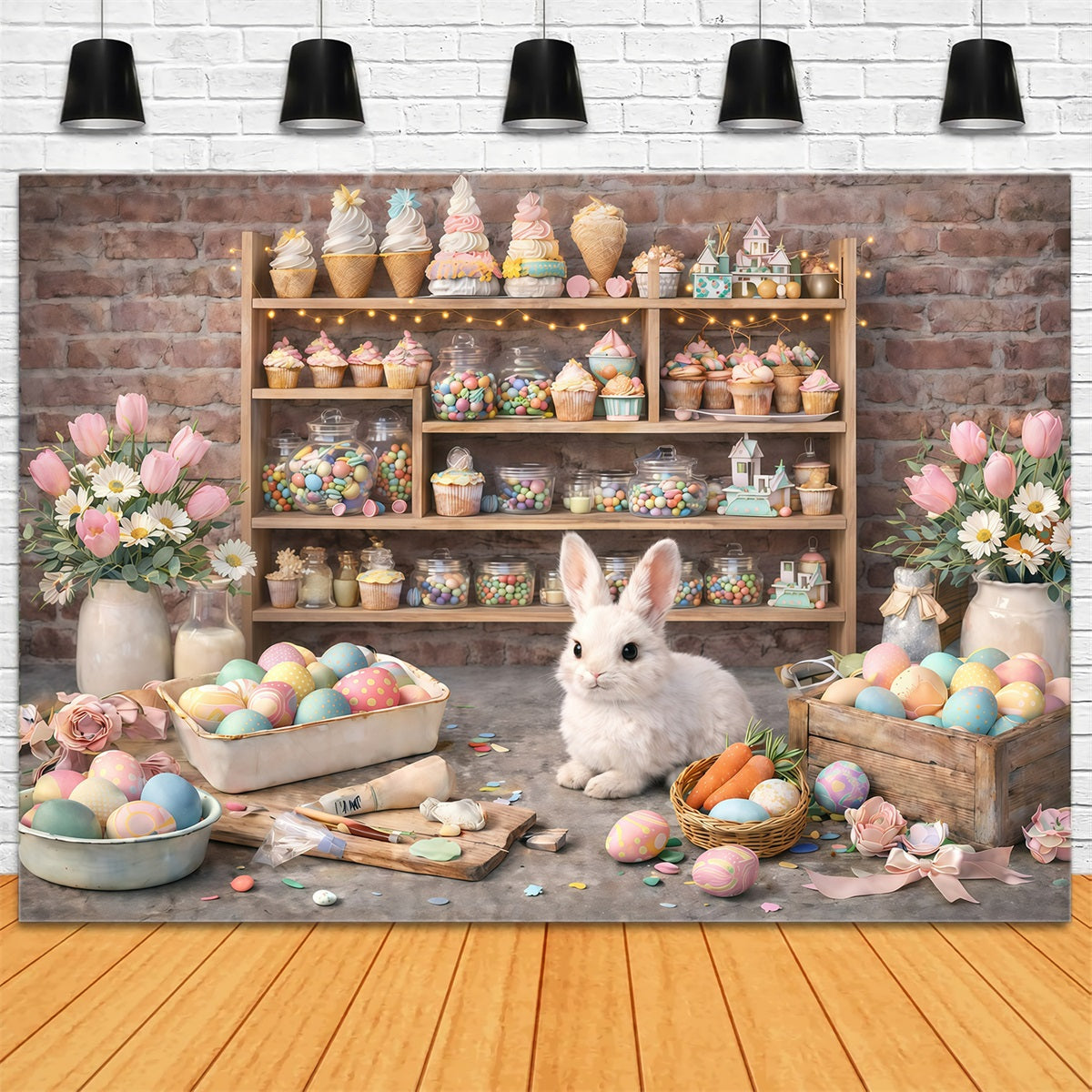 Easter Wall Backdrop Rustic Bunny Dessert Workshop Easter Photography Backdrops For Sale GQ61-43