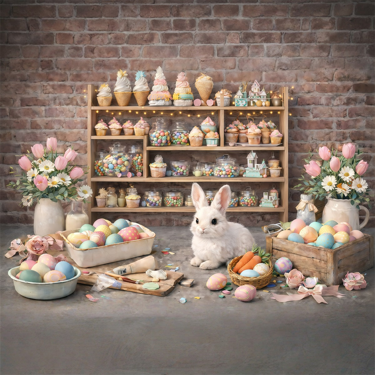 Easter Wall Backdrop Rustic Bunny Dessert Workshop Easter Photography Backdrops For Sale GQ61-43