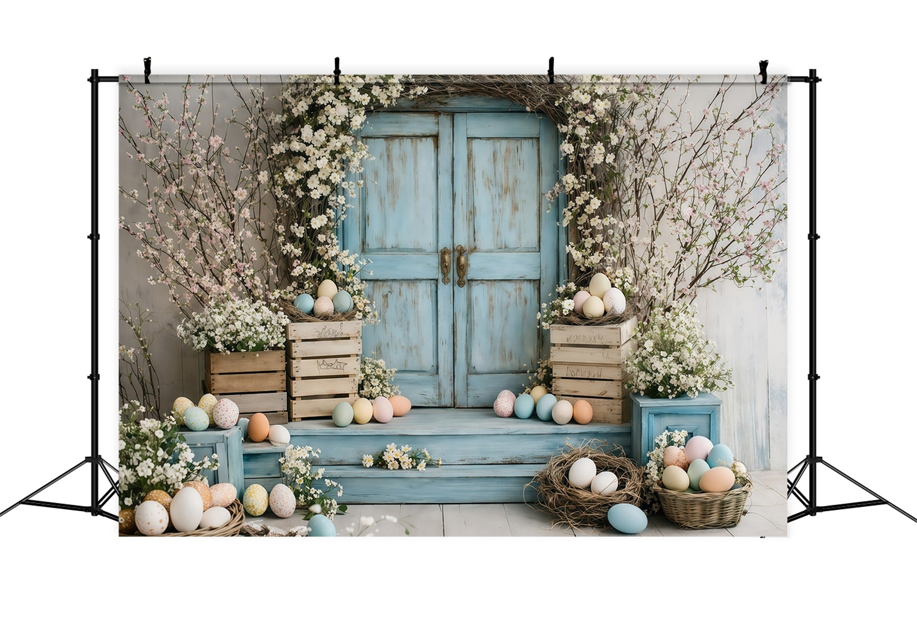 Easter Flower Backdrop Vintage Blue Door Blossoms Backdrops For Easter Pictures GQ61-46
