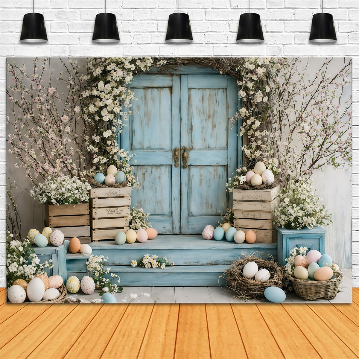 Easter Flower Backdrop Vintage Blue Door Blossoms Backdrops For Easter Pictures GQ61-46