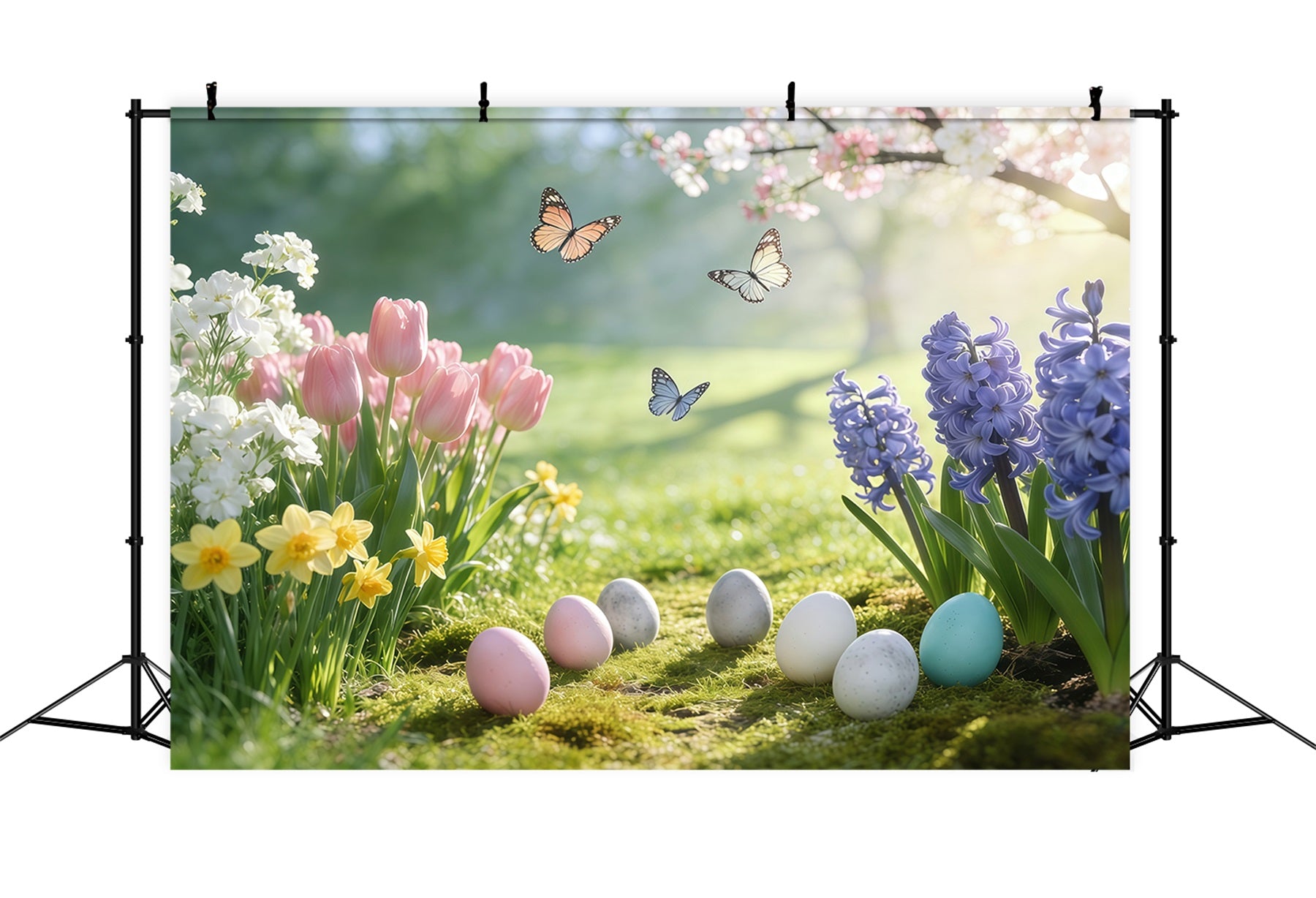 Easter Natural Backdrop Photography Spring Meadow Butterflies Eggs Easter Backdrops GQ61-53