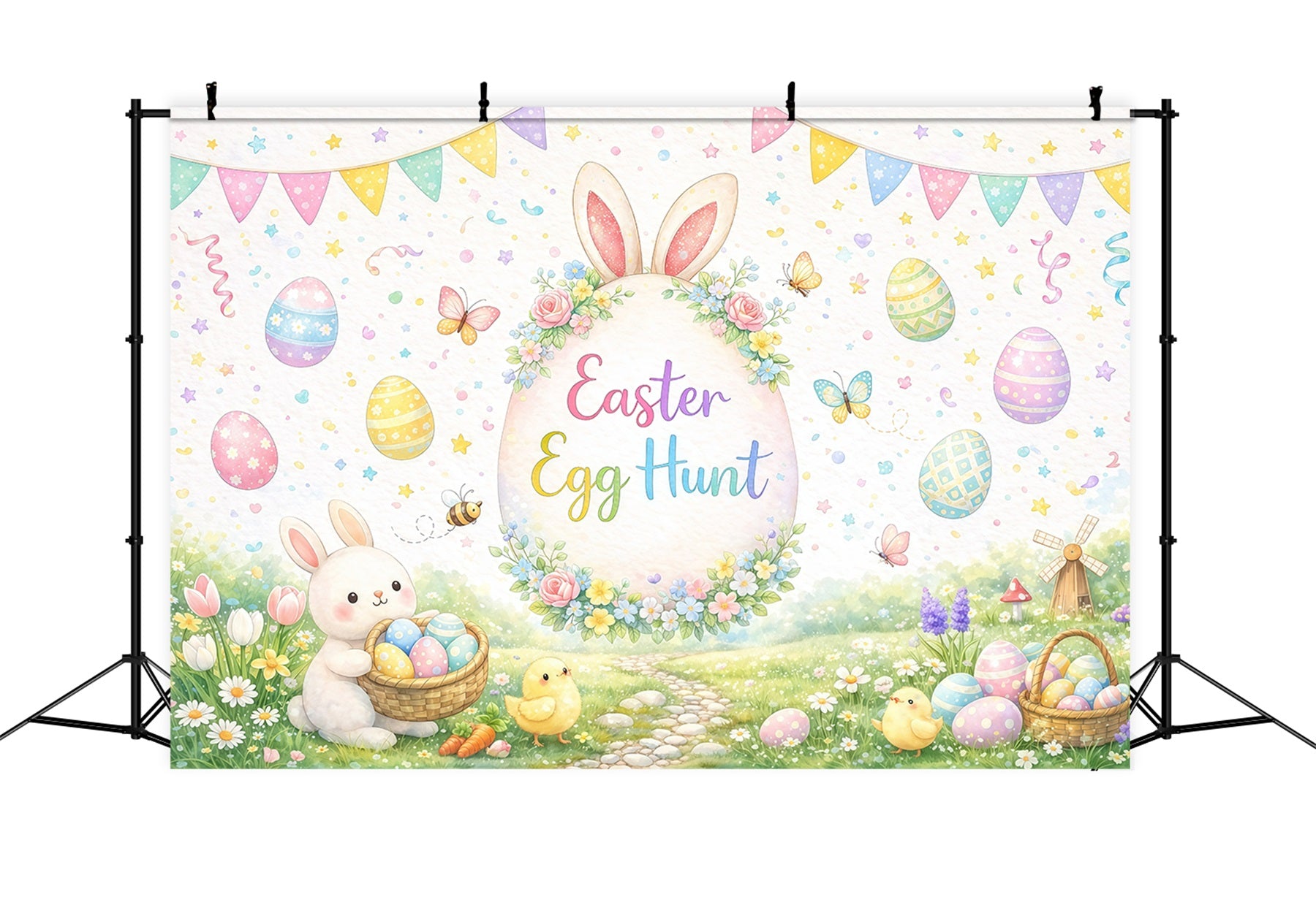 Easter Egg Hunt Backdrop Watercolor Garden Bunny Chicks Easter Themed Backdrops GQ61-54