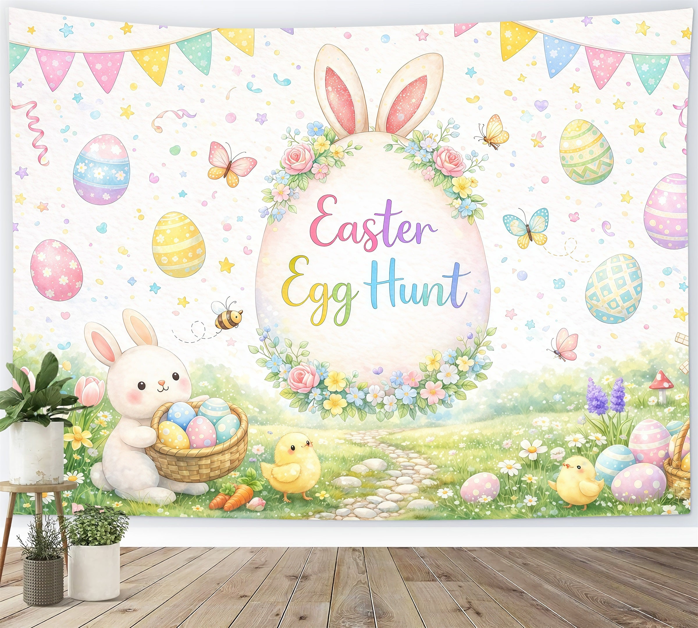 Easter Egg Hunt Backdrop Watercolor Garden Bunny Chicks Easter Themed Backdrops GQ61-54