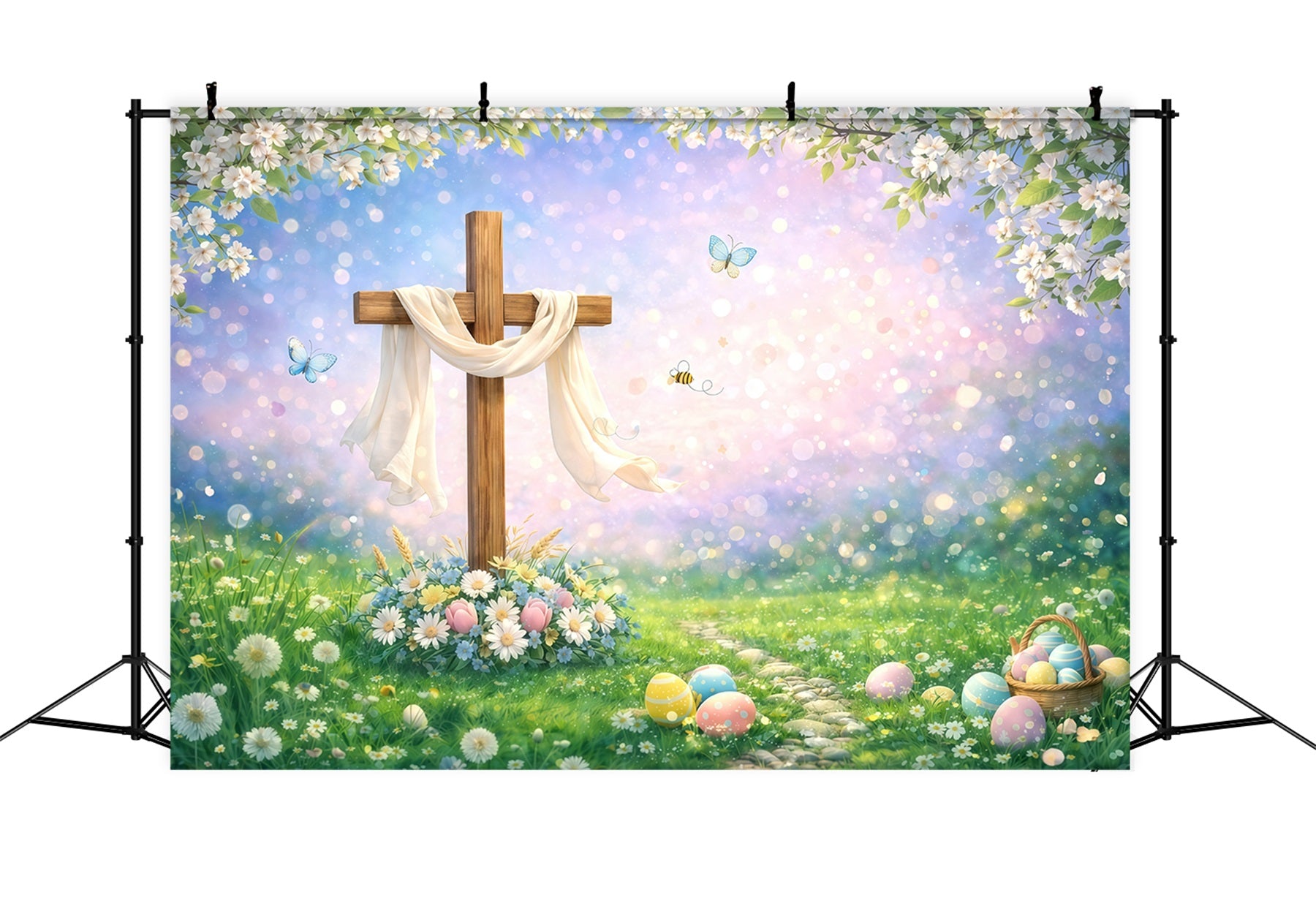 Easter Religious Backdrop Wooden Cross Spring Meadow Bokeh Easter Backdrops Ideas GQ61-55