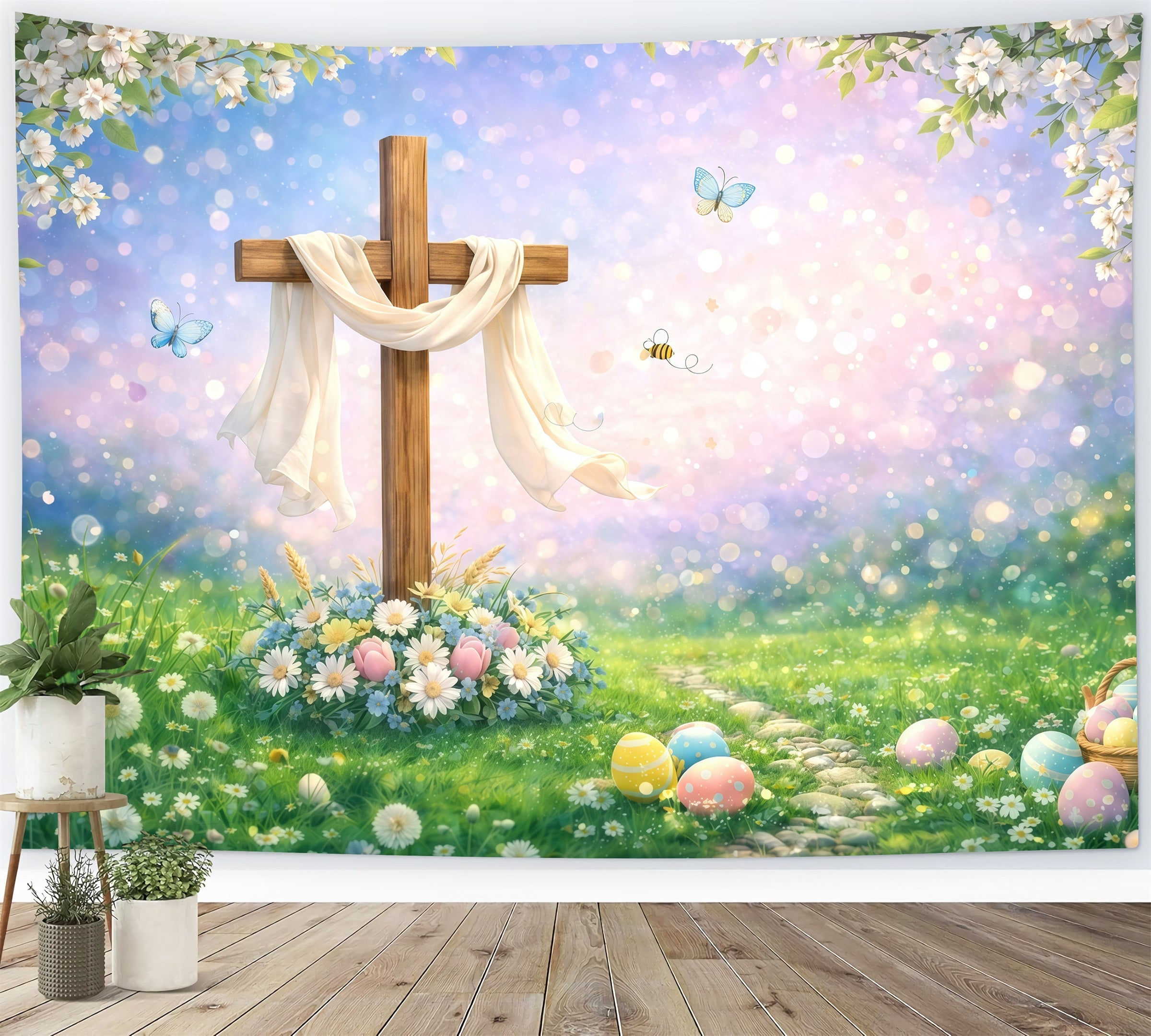 Easter Religious Backdrop Wooden Cross Spring Meadow Bokeh Easter Backdrops Ideas GQ61-55