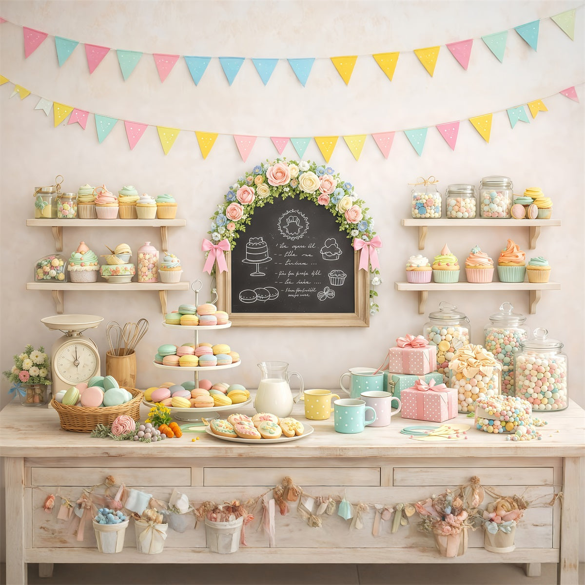 Easter Dessert Table Backdrop Pastel Macaron Cupcake Candy Outdoor Easter Backdrops GQ61-59