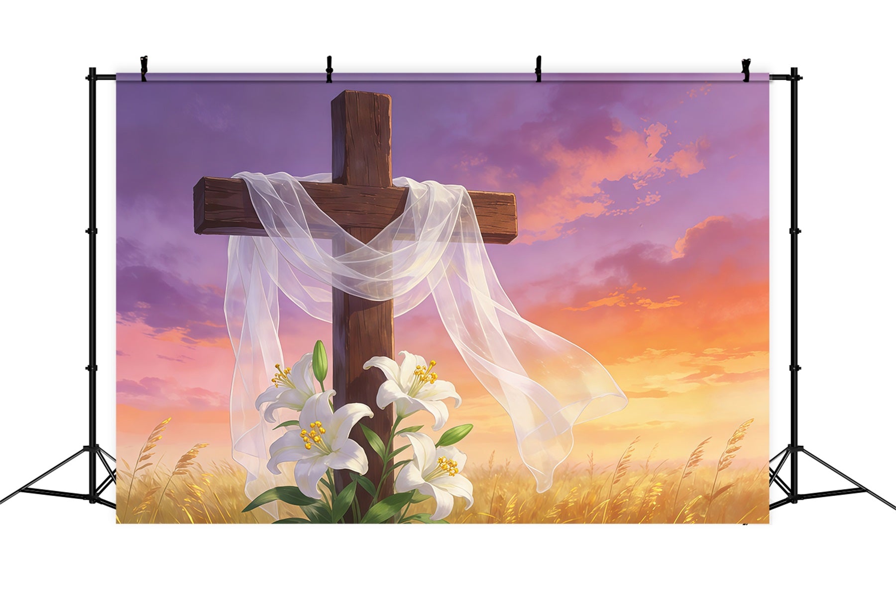 Easter Cross And Lilies Backdrop Resurrection Cross Golden Sky Happy Easter Backdrops GQ61-63