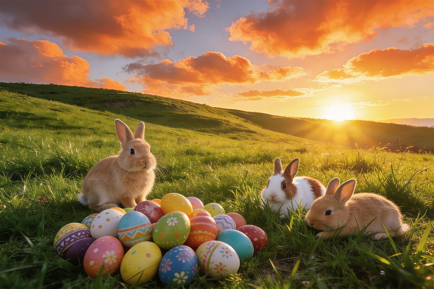 Easter Sunrise Field Backdrop Bunny Gathering Egg Meadow Easter 2026 Backdrop GQ61-64