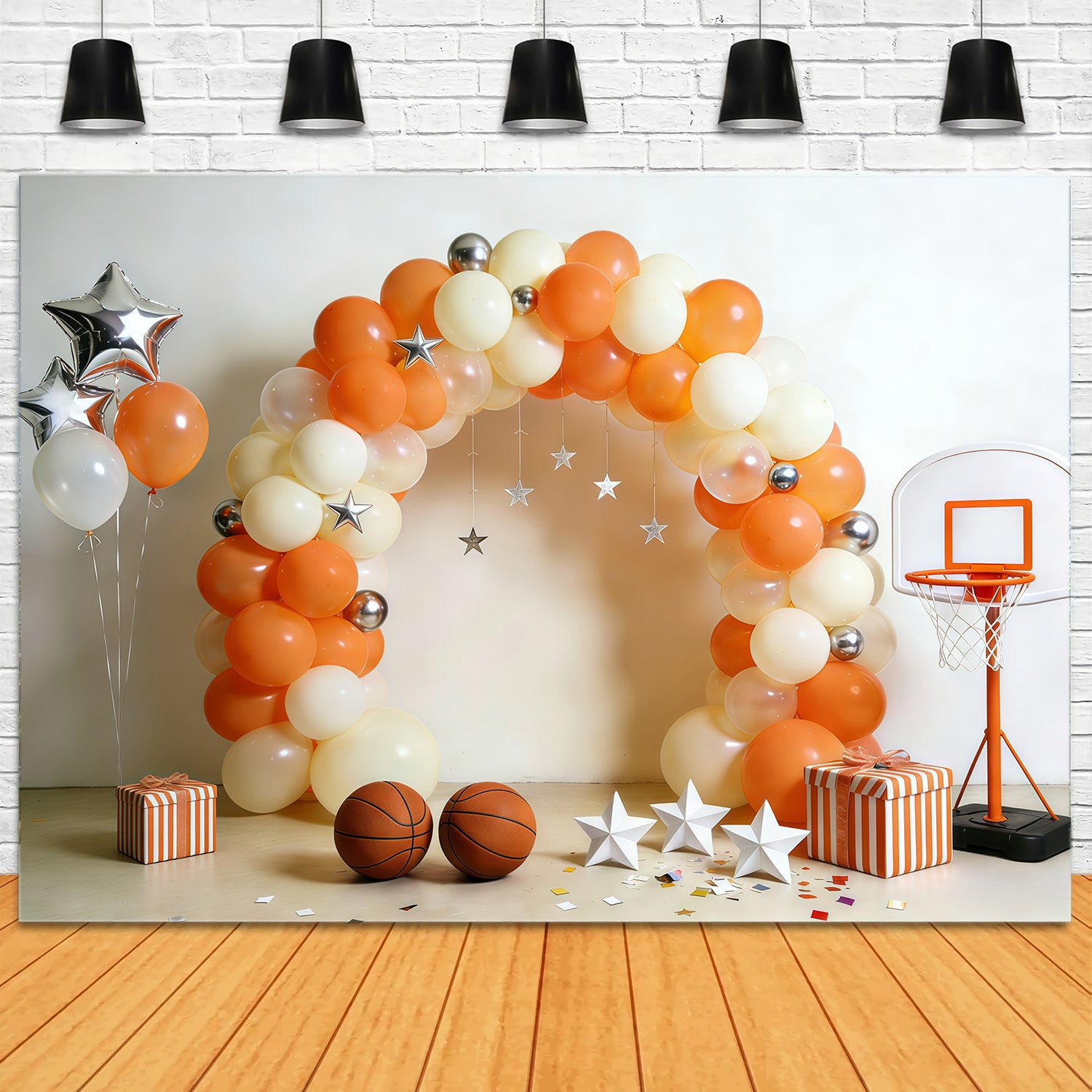 Basketball Backdrop For Photography Cream Orange Balloon Hoop Setup Sports Backdrops GQ61-71
