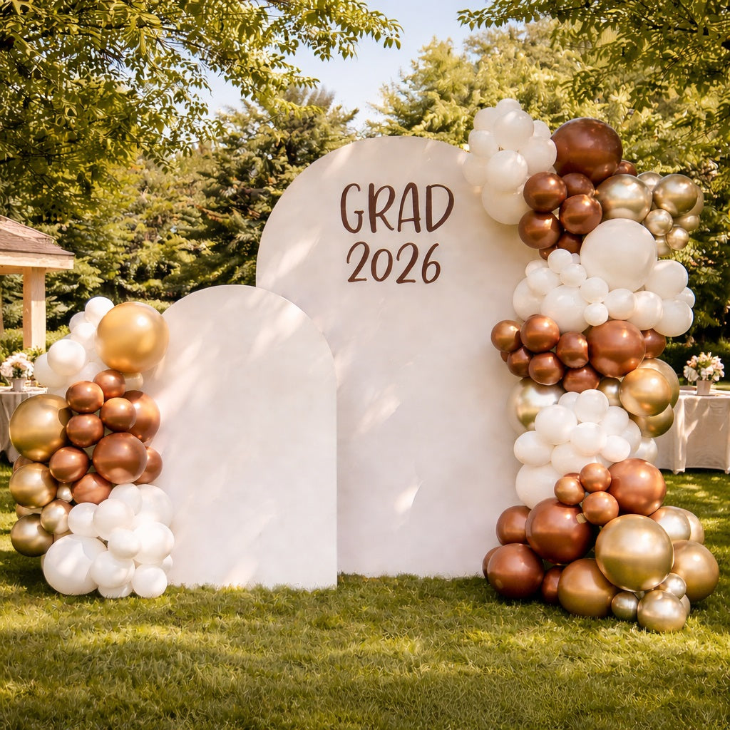 Custom Graduation Background White Brown Dual Arch Minimalist Personalized Graduation Background GQ64-13