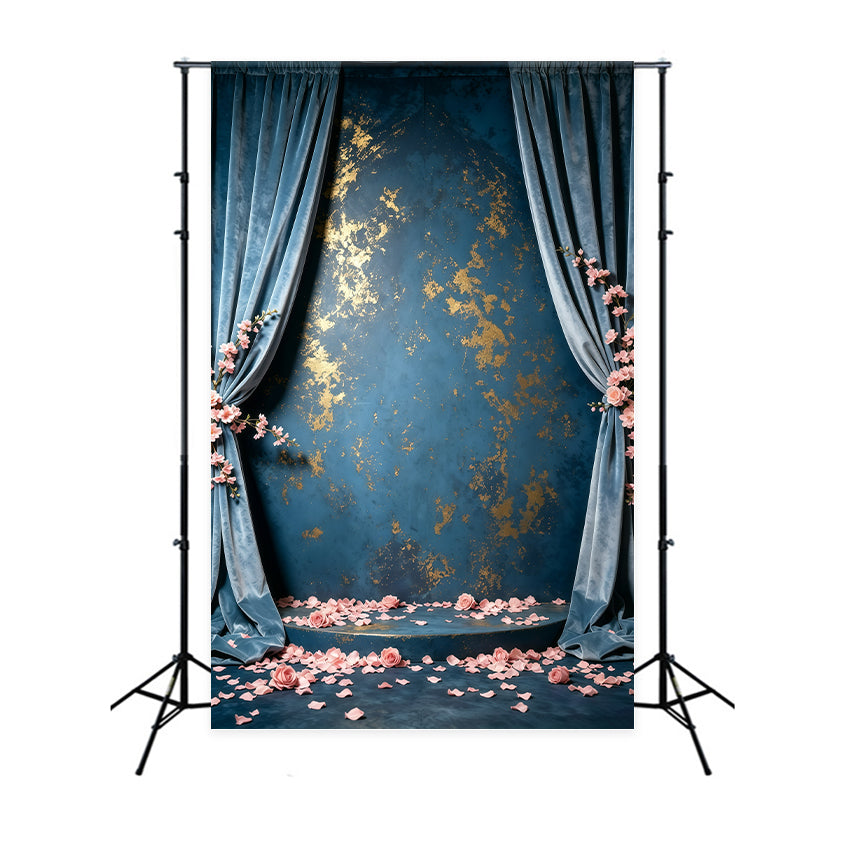 Blue And Gold Backdrop Wall Velvet Fleck Roses Abstract Photography Backdrops GQ64-37