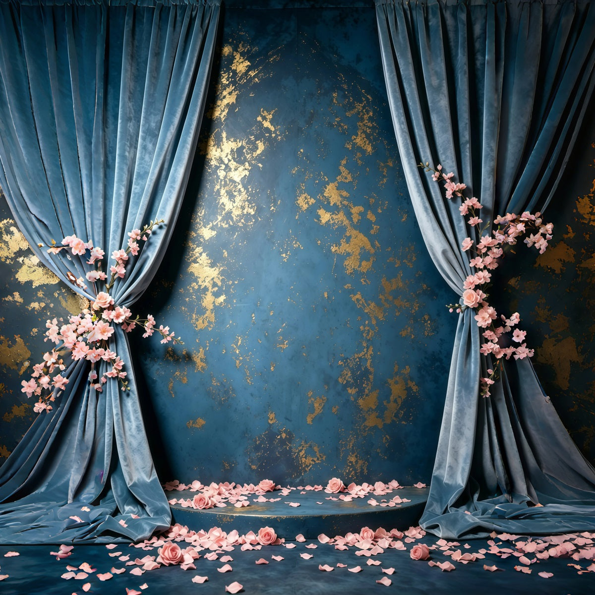 Blue And Gold Backdrop Wall Velvet Fleck Roses Abstract Photography Backdrops GQ64-37