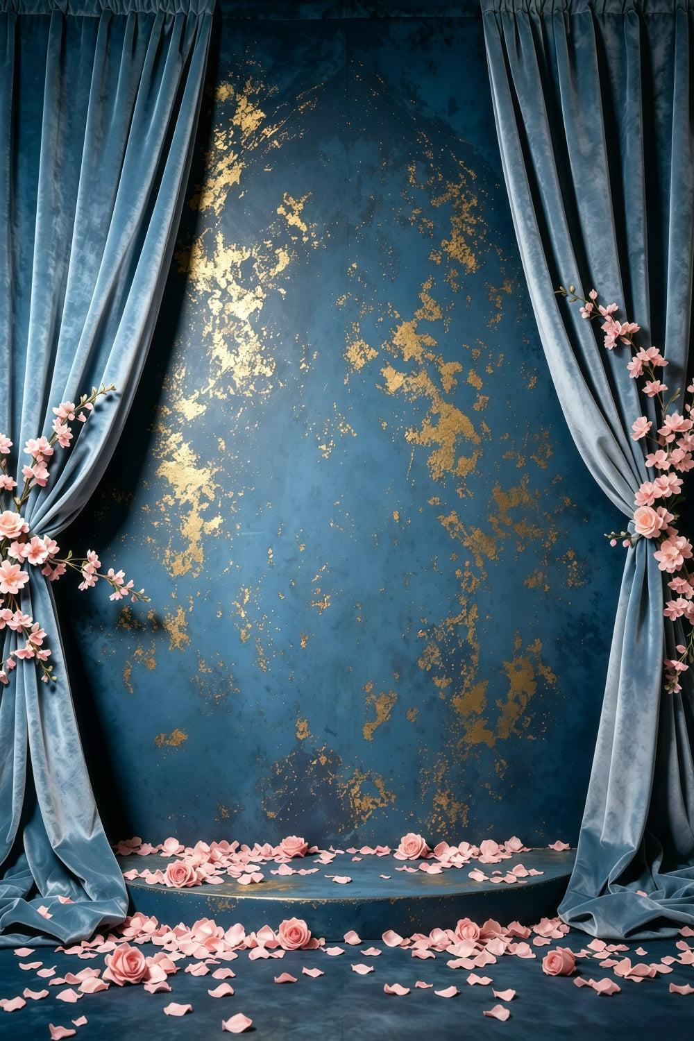 Blue And Gold Backdrop Wall Velvet Fleck Roses Abstract Photography Backdrops GQ64-37
