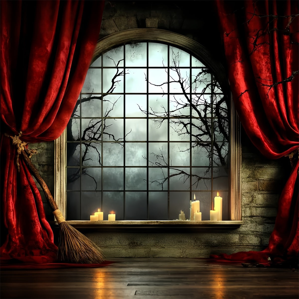 Halloween Backdrop Crimson Curtain Gothic Window Halloween Garage Door Wrap GQ67-10