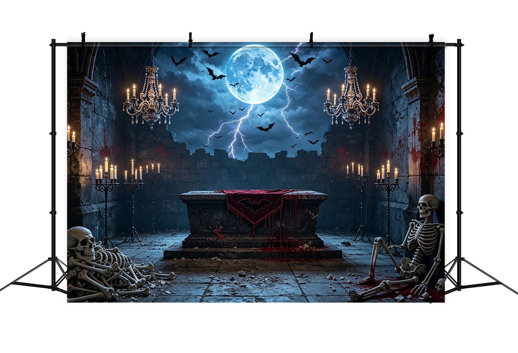 Vampire Backdrop Moonlit Bloody Skeleton Altar Halloween Backdrop For Photography GQ67-100