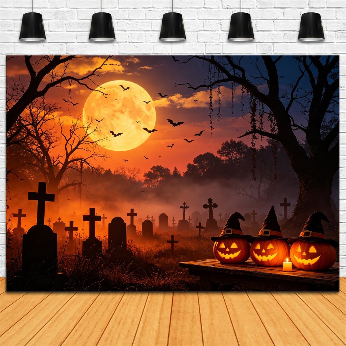 Bat Cave Backdrop Sunset Witch Pumpkin Graveyard Photo Backdrops Halloween GQ67-105