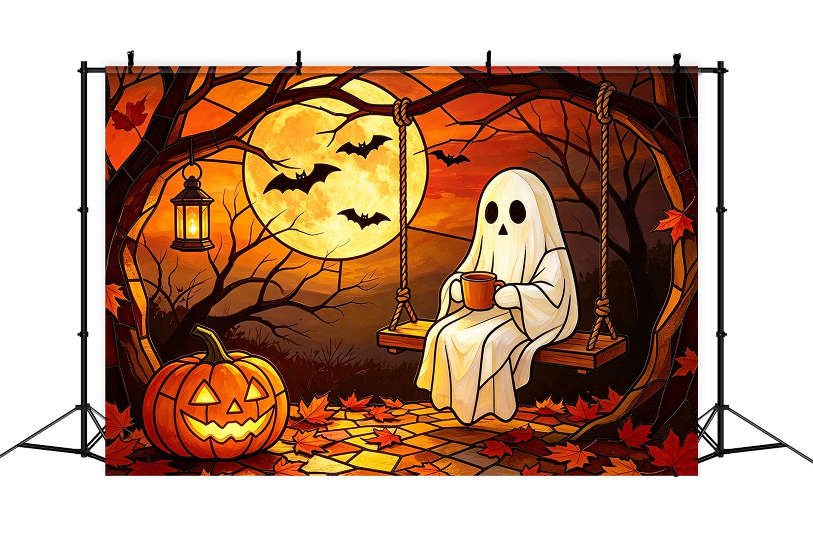 Backdrop Ghost Stained Glass Cozy Moonlit Pumpkin Swing Halloween Photobooth Backdrop GQ67-111