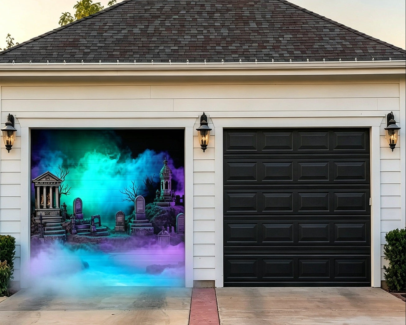 Halloween Garage Door Cover Neon Mist Graveyard Ruins Backdrop GQ67-12-1 car