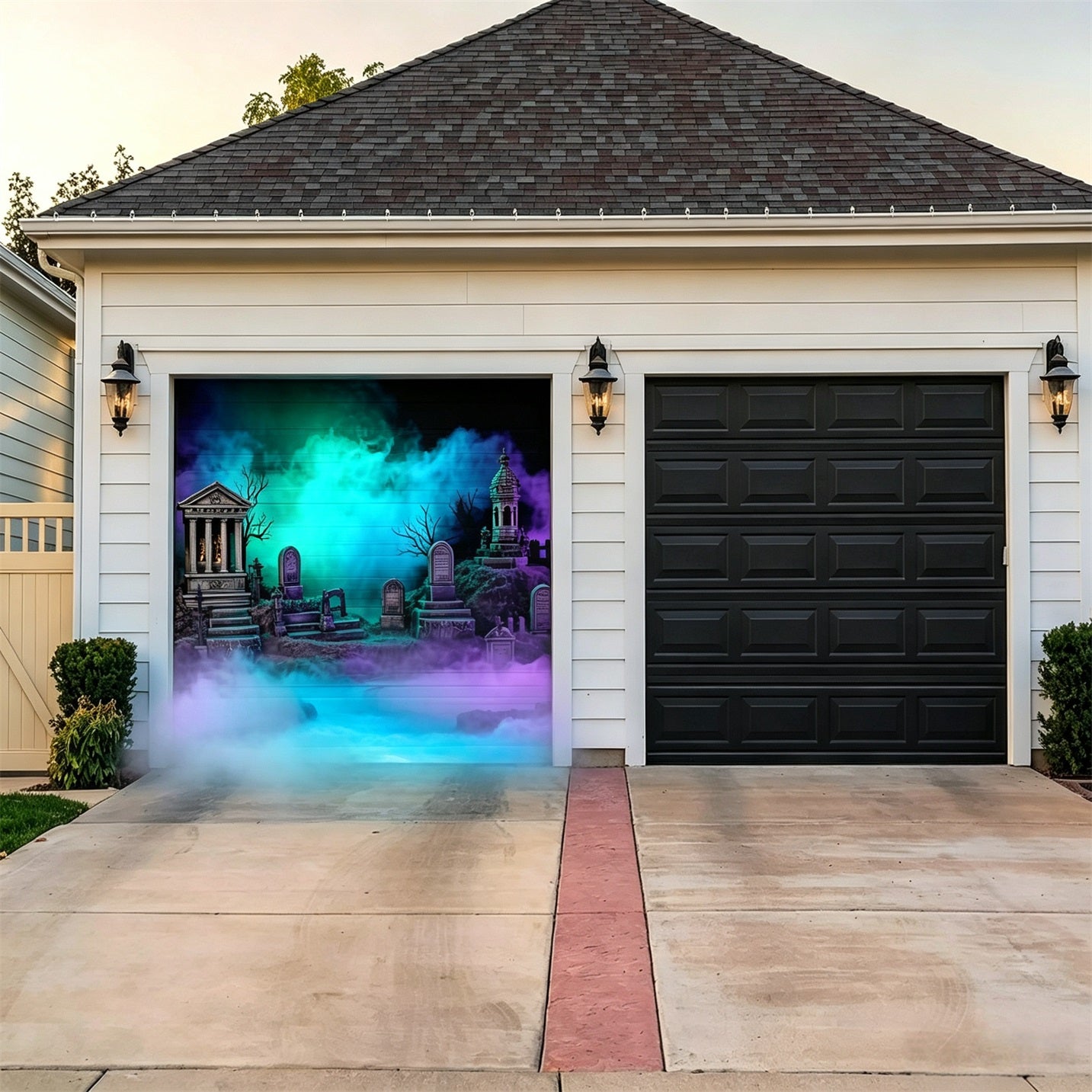 Halloween Garage Door Cover Neon Mist Graveyard Ruins Backdrop GQ67-12