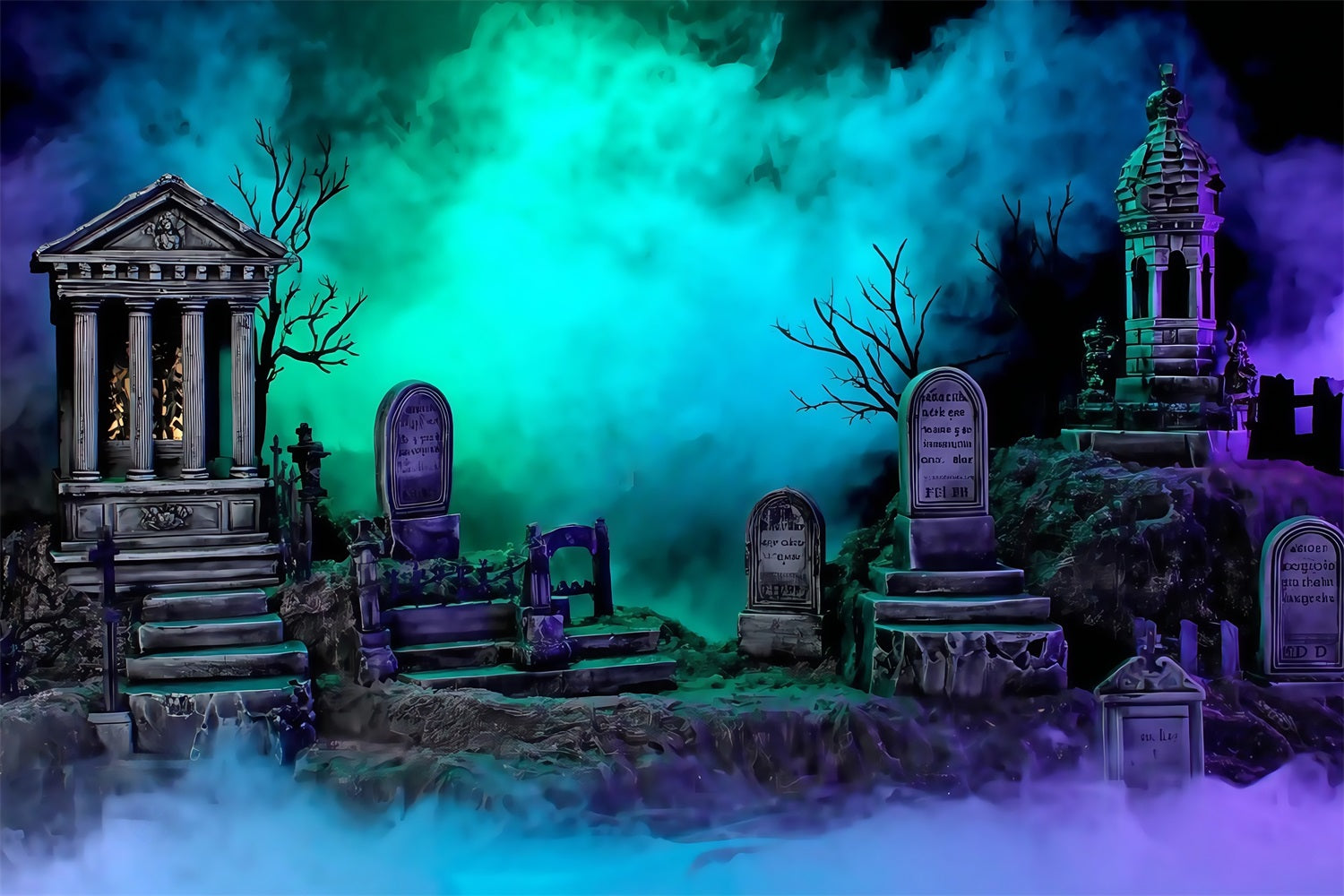 Halloween Garage Door Cover Neon Mist Graveyard Ruins Backdrop GQ67-12