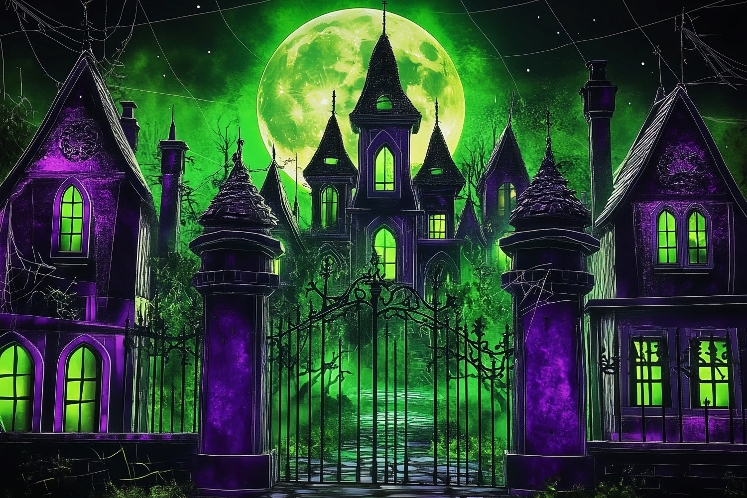 Halloween Green Moon Haunted Manor Backdrop Halloween Garage Door Decor GQ67-17
