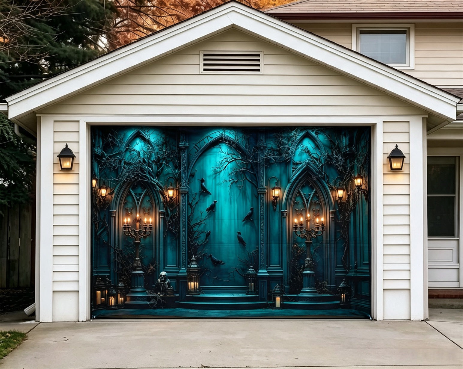 Halloween Backdrop Teal Raven Gothic Hall Halloween Garage Door Banner GQ67-18-1 car