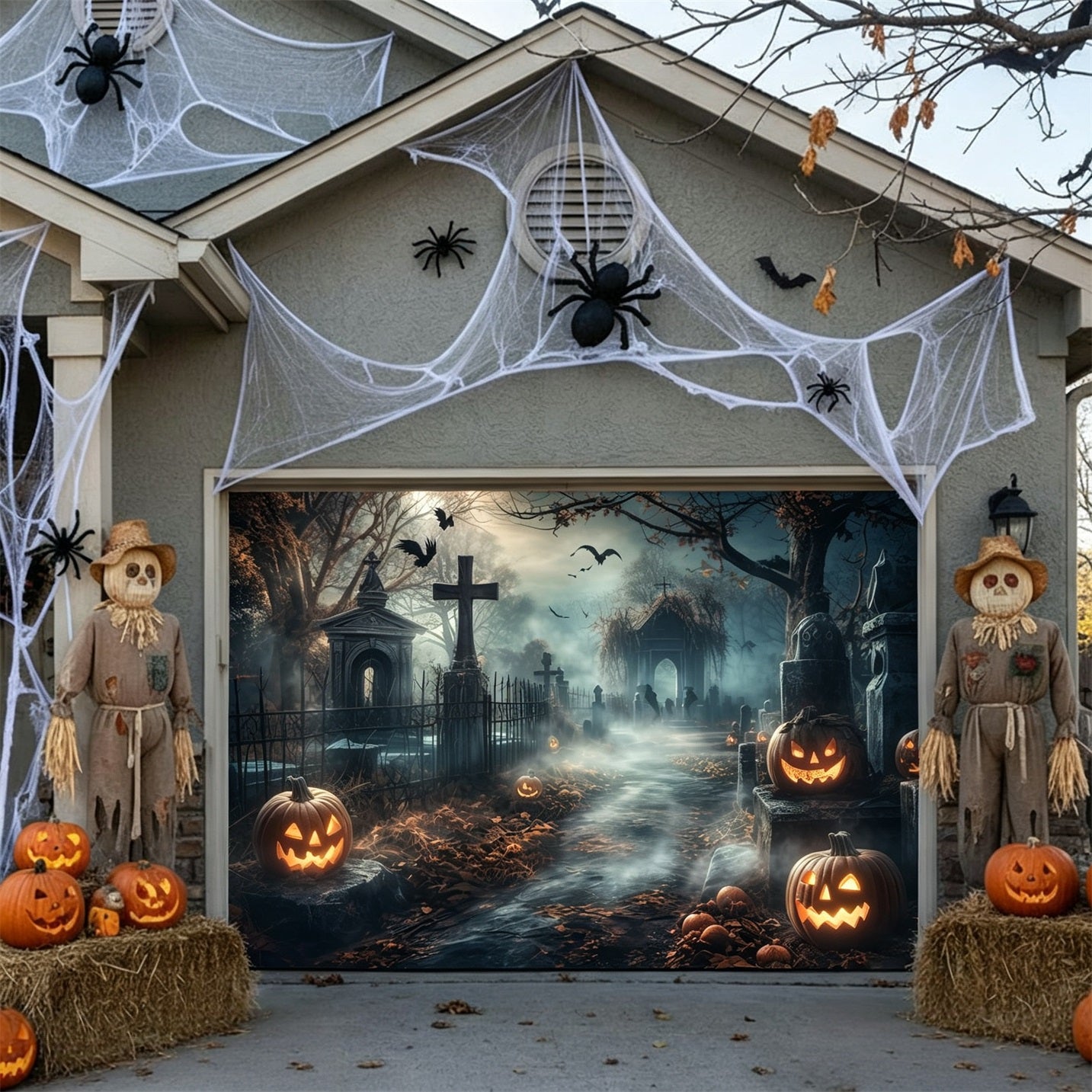 Halloween Foggy Pumpkin Graveyard Path Backdrop House Garage Decorations GQ67-21