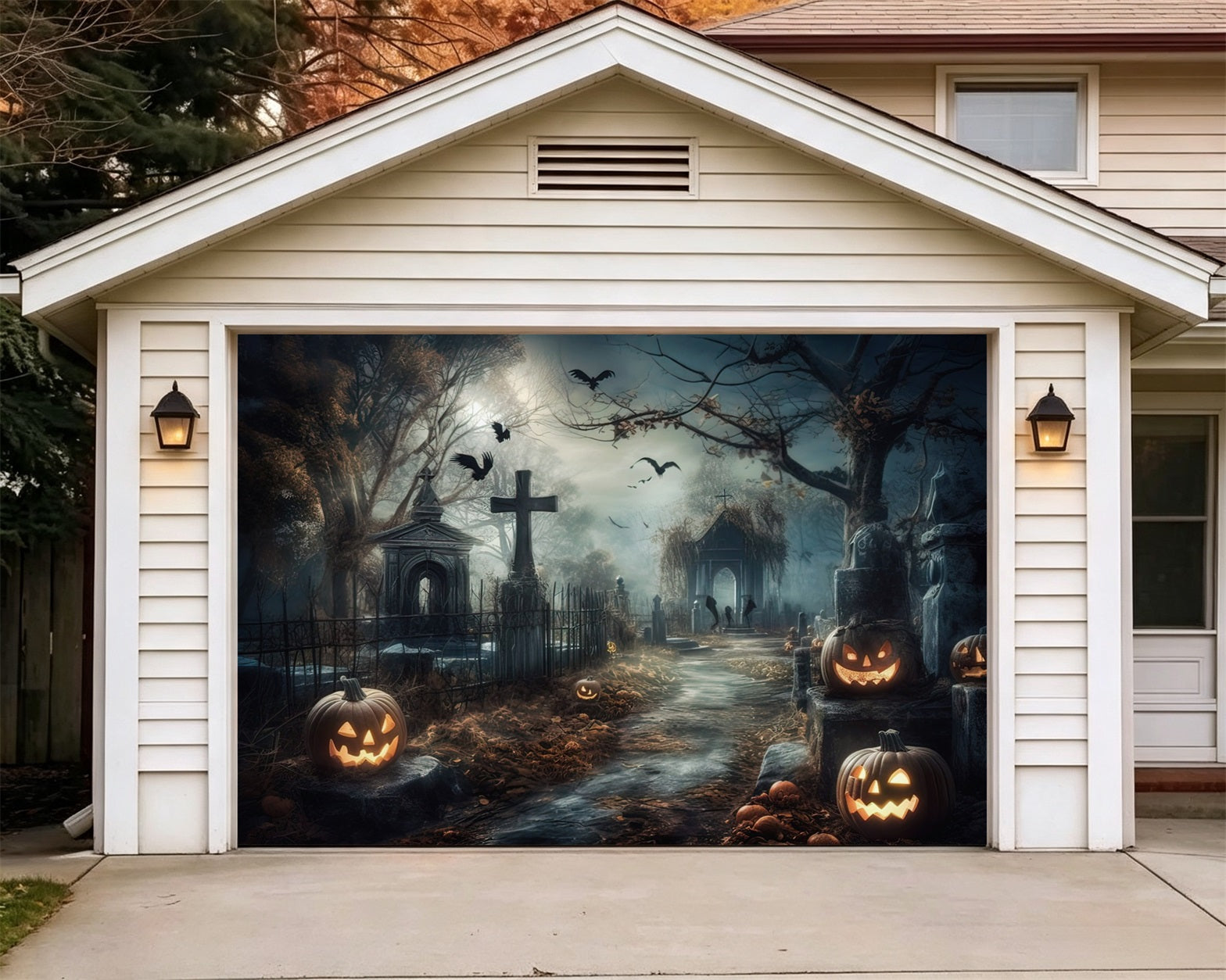 Halloween Foggy Pumpkin Graveyard Path Backdrop House Garage Decorations GQ67-21-1 car