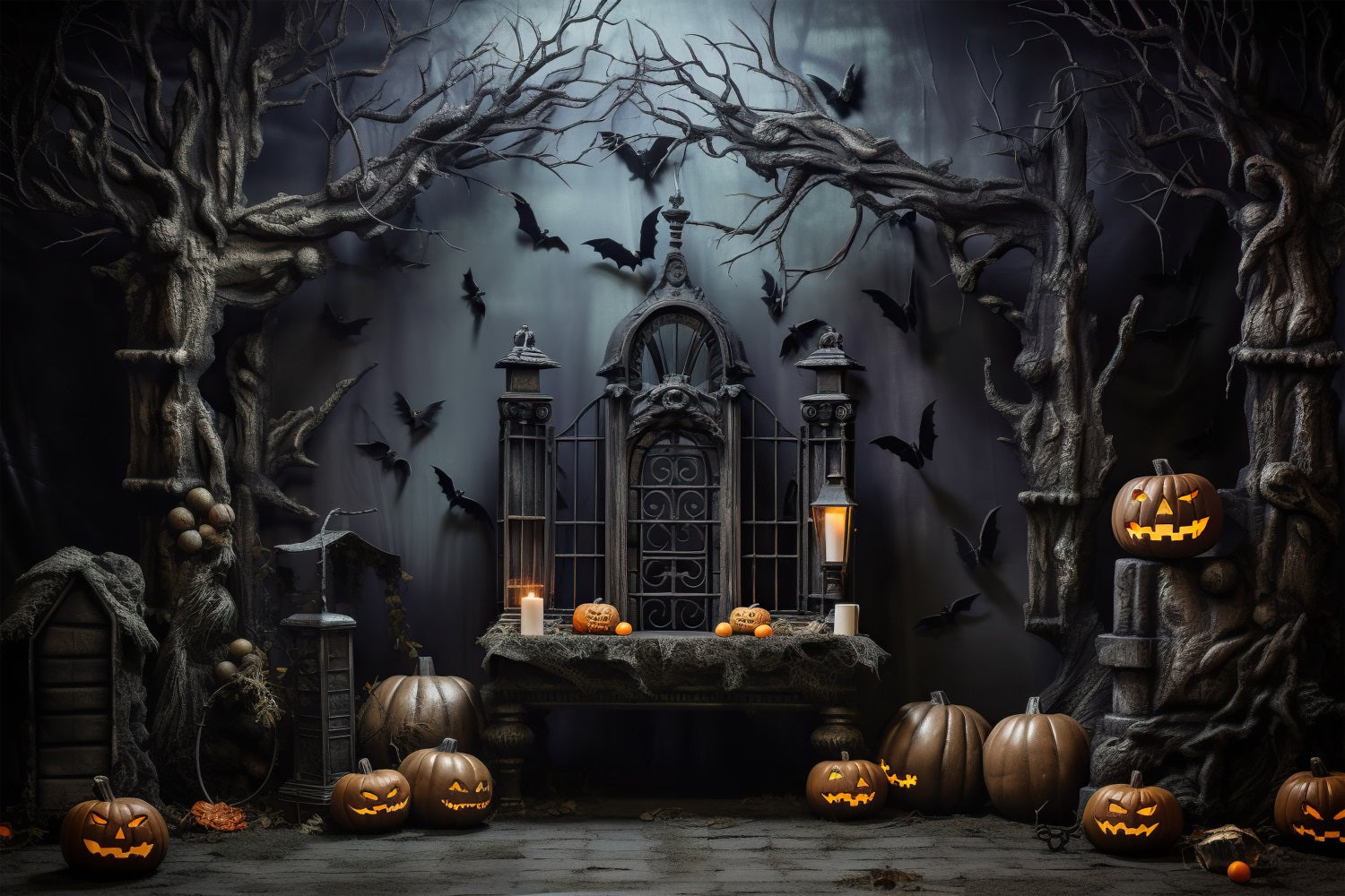 A spooky Halloween scene with a dark gothic gate, bare trees, flying bats, candles, and multiple carved jack-o'-lantern pumpkins on the ground and on a table.