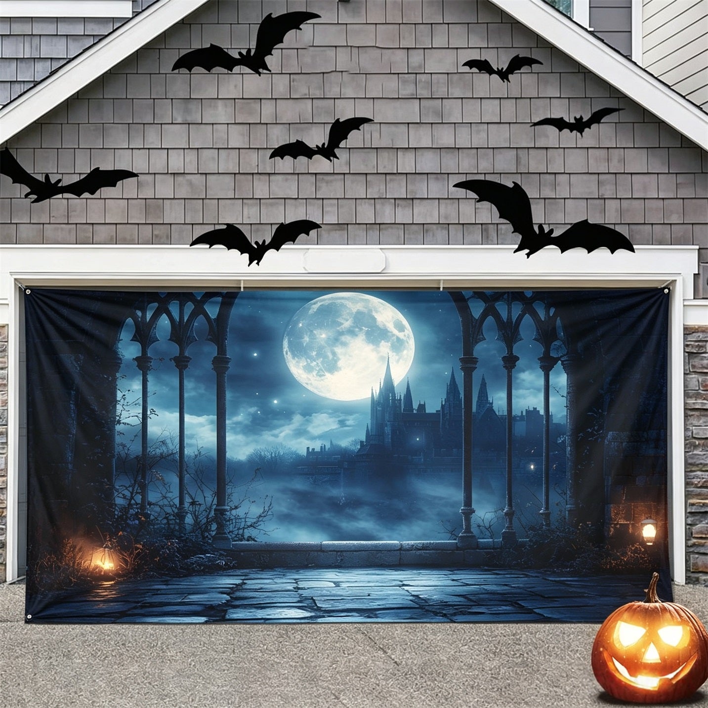 Halloween Moonlit Gothic Castle Backdrop Garage Door Decor GQ67-25