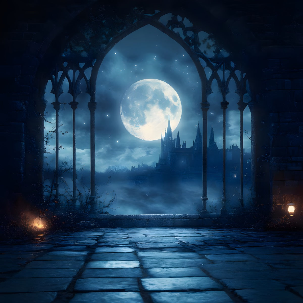 A gothic fantasy scene viewed through a dark stone archway, showing a large full moon over a misty castle silhouette at night. The foreground has a stone floor, and small warm lights glow on both sides of the arch.