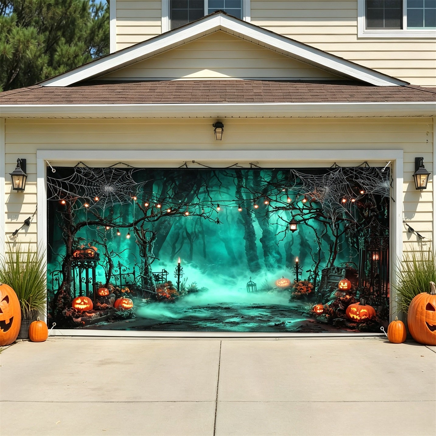 Halloween Pumpkin Backdrop Mystic Green Forest Garage Door Decor GQ67-32
