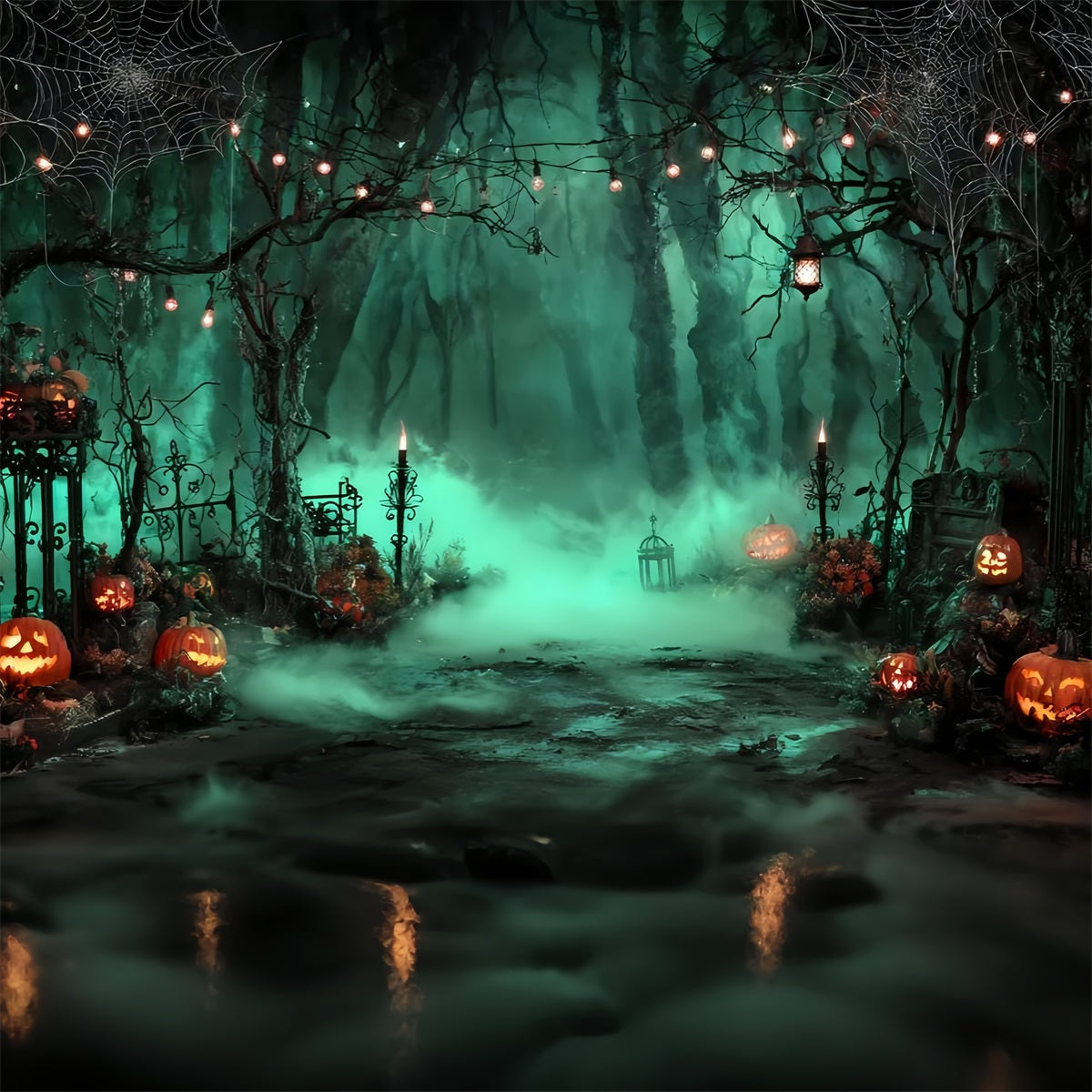 Halloween Pumpkin Backdrop Mystic Green Forest Garage Door Decor GQ67-32