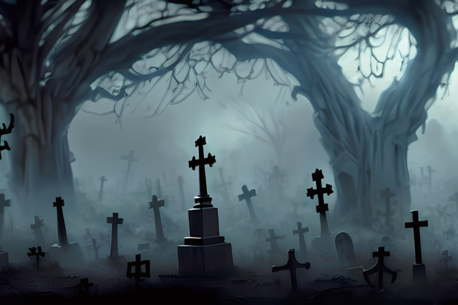 Scary Halloween Foggy Cross Tombstones Garage Door Backdrop GQ67-33