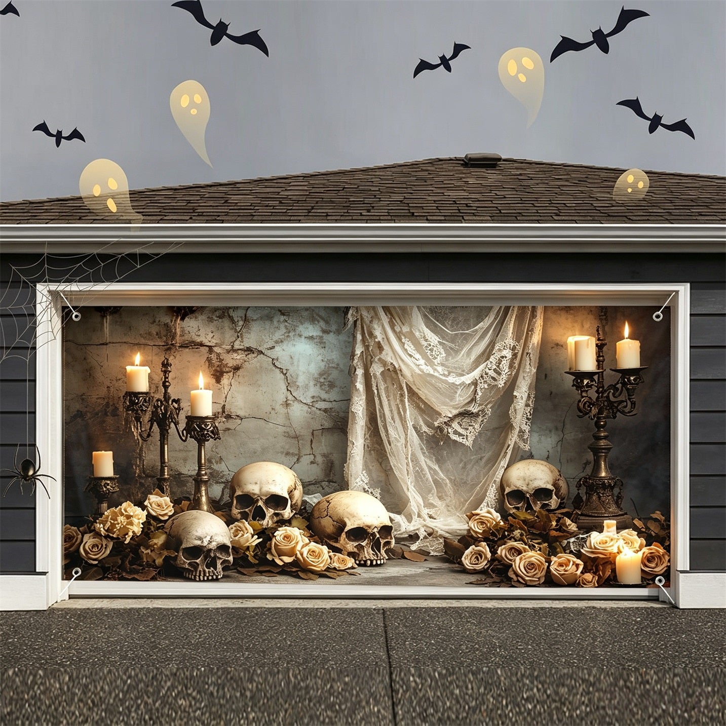 Spooky Halloween Skull Rose Cemetery Garage Door Decor Backdrop GQ67-37