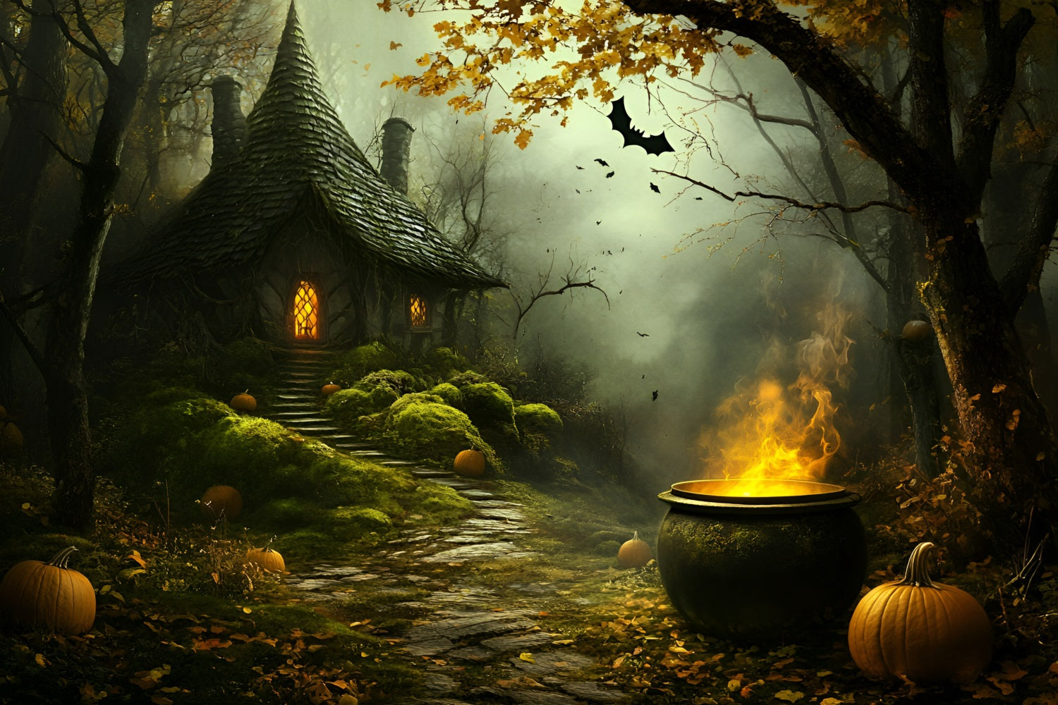 Halloween Witch Cauldron Woodland Cottage Garage Door Backdrop GQ67-40