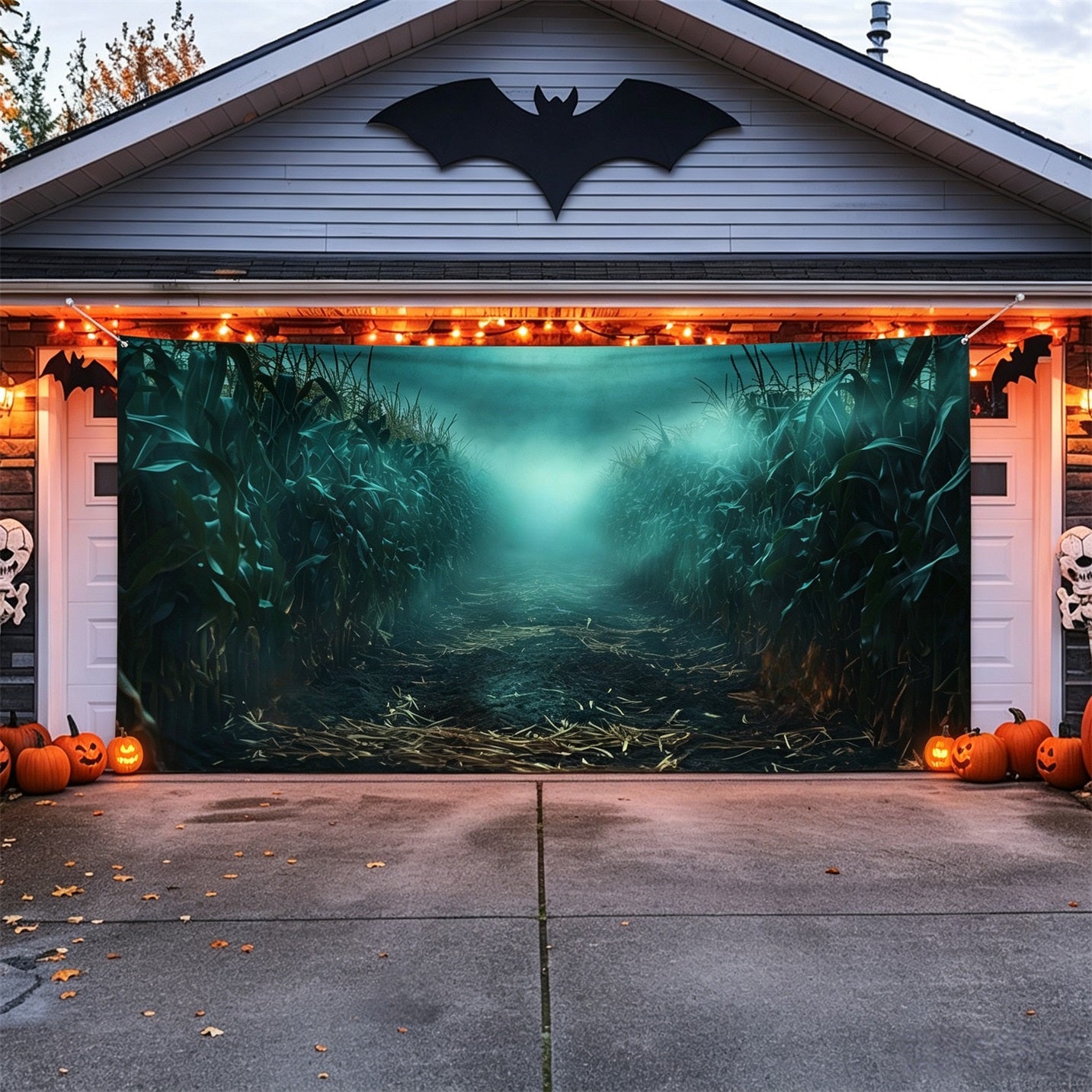 Scary Halloween Foggy Haunted Cornfield Maze Garage Door Backdrop GQ67-41