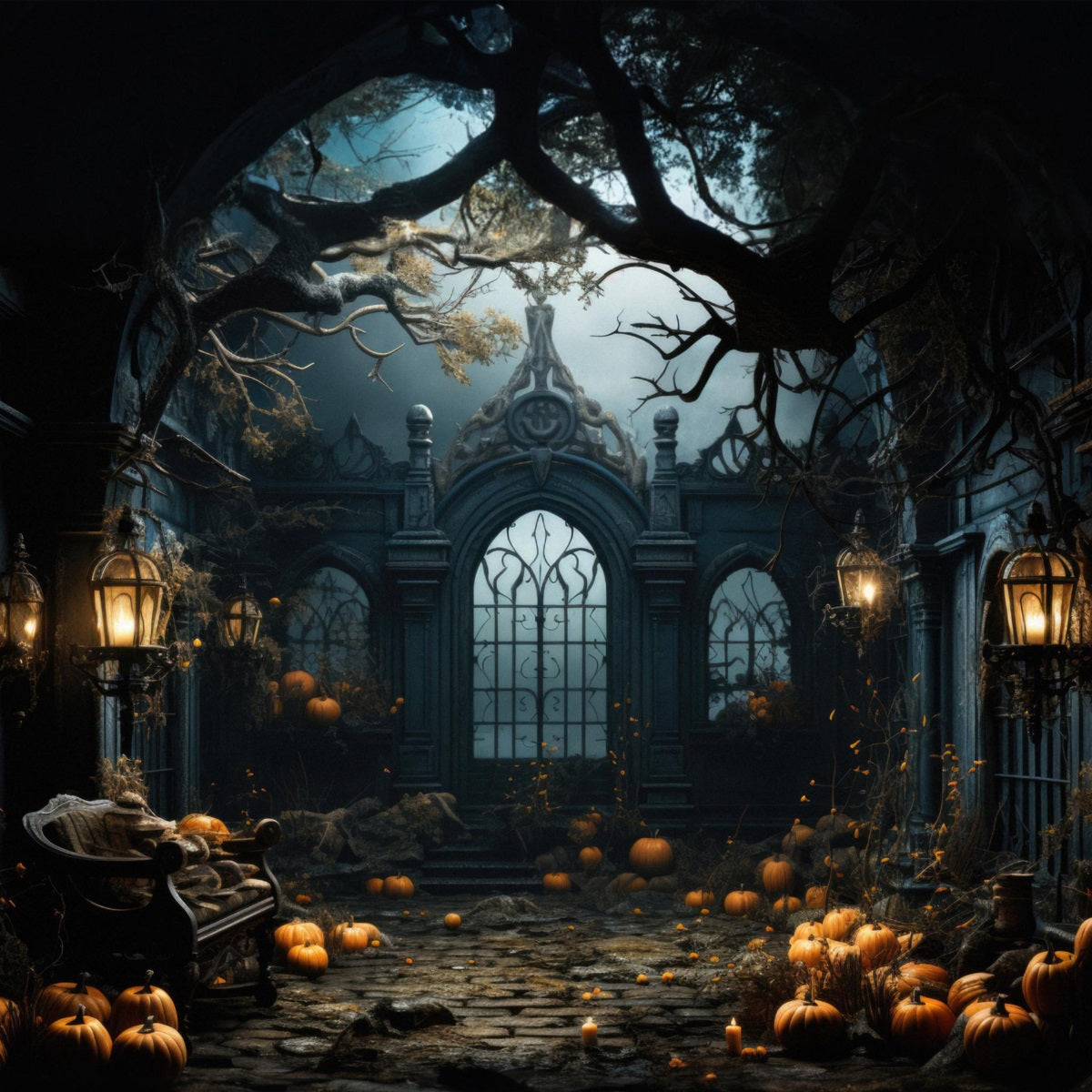 Halloween Pumpkin Gothic Courtyard Gate Garage Door Backdrop GQ67-45