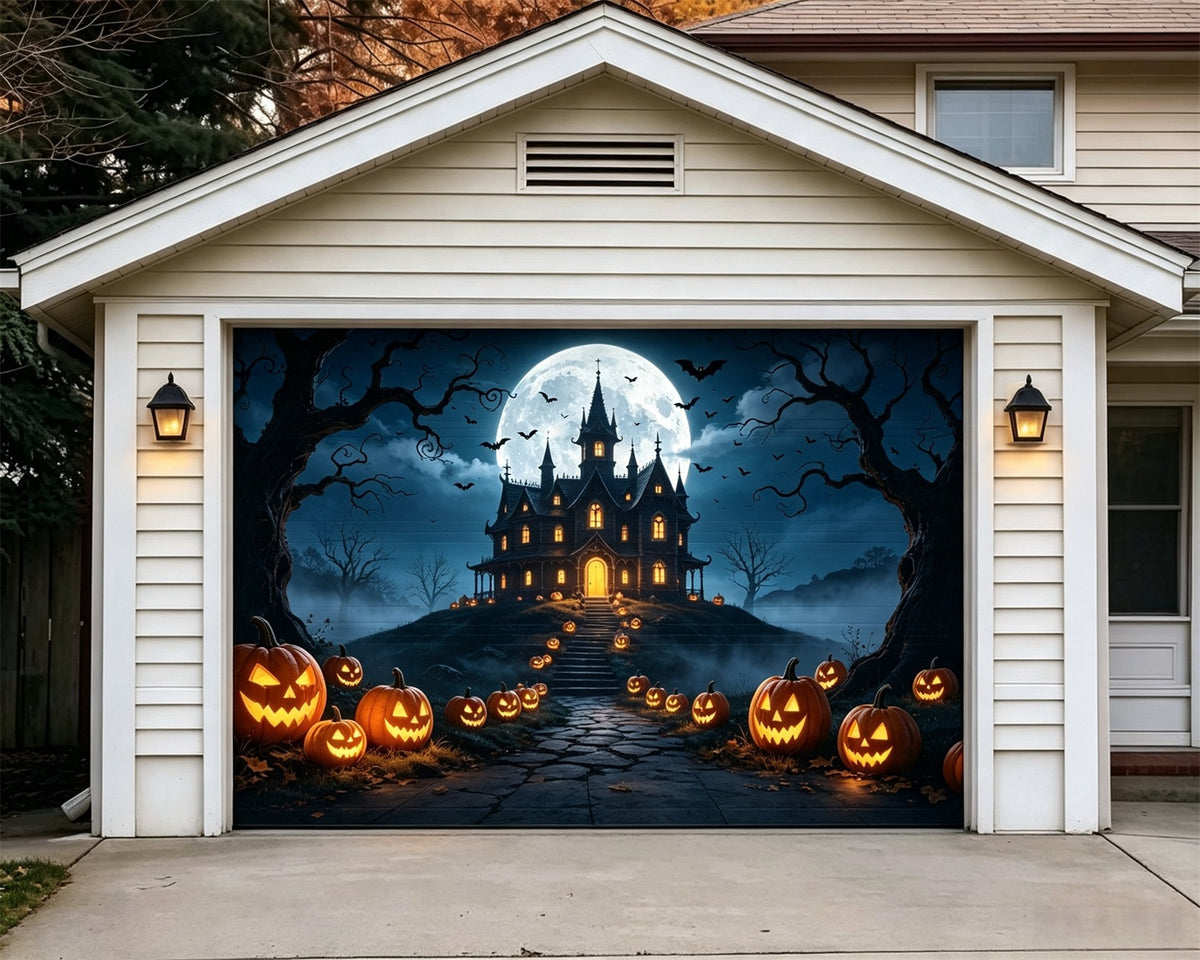 Haunted House Garage Door Banner Moonlit Pumpkin Mansion Halloween Garage Decorations GQ67-55-1 car