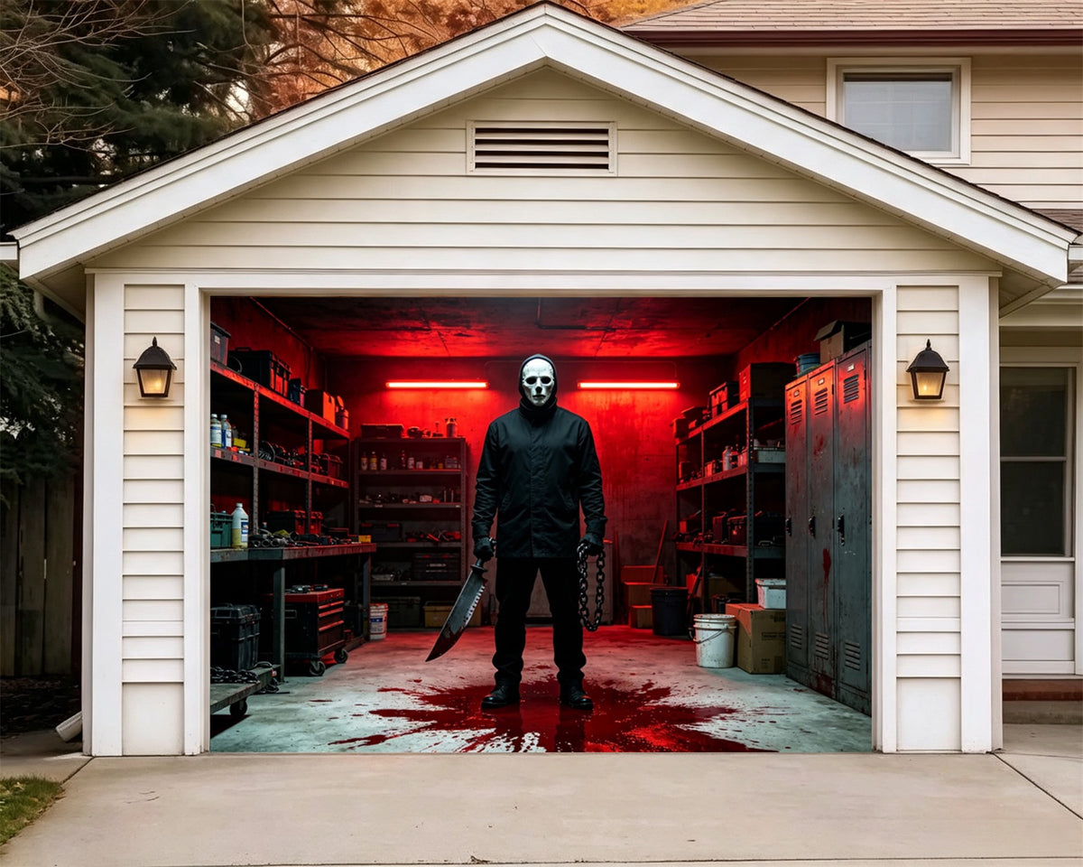Gothic Halloween Garage Door Cover Masked Killer Workshop Halloween Outdoor Garage Decorations GQ67-56-1 car