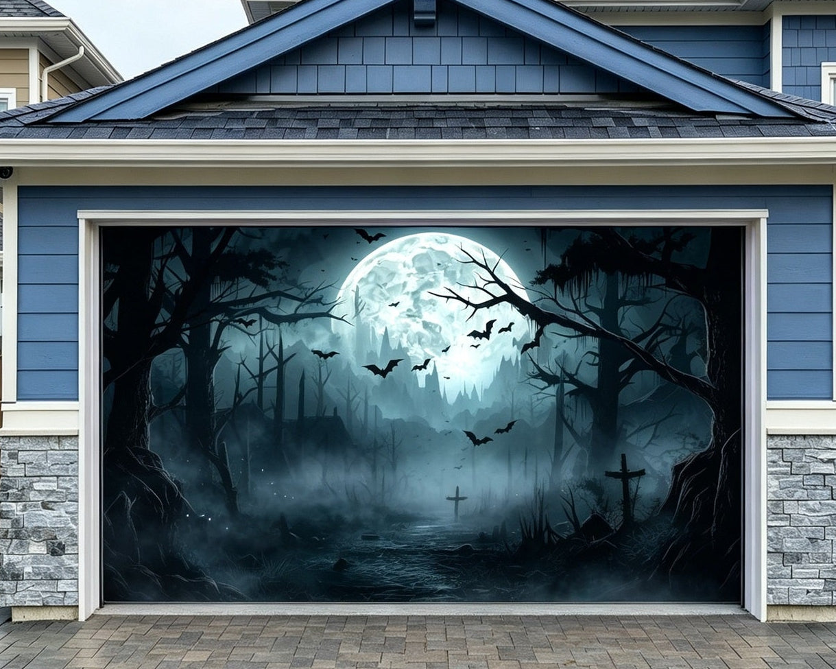 Halloween Forest Backdrop Moonlit Haunted Graveyard Garage Door Backdrop GQ67-6-2 car