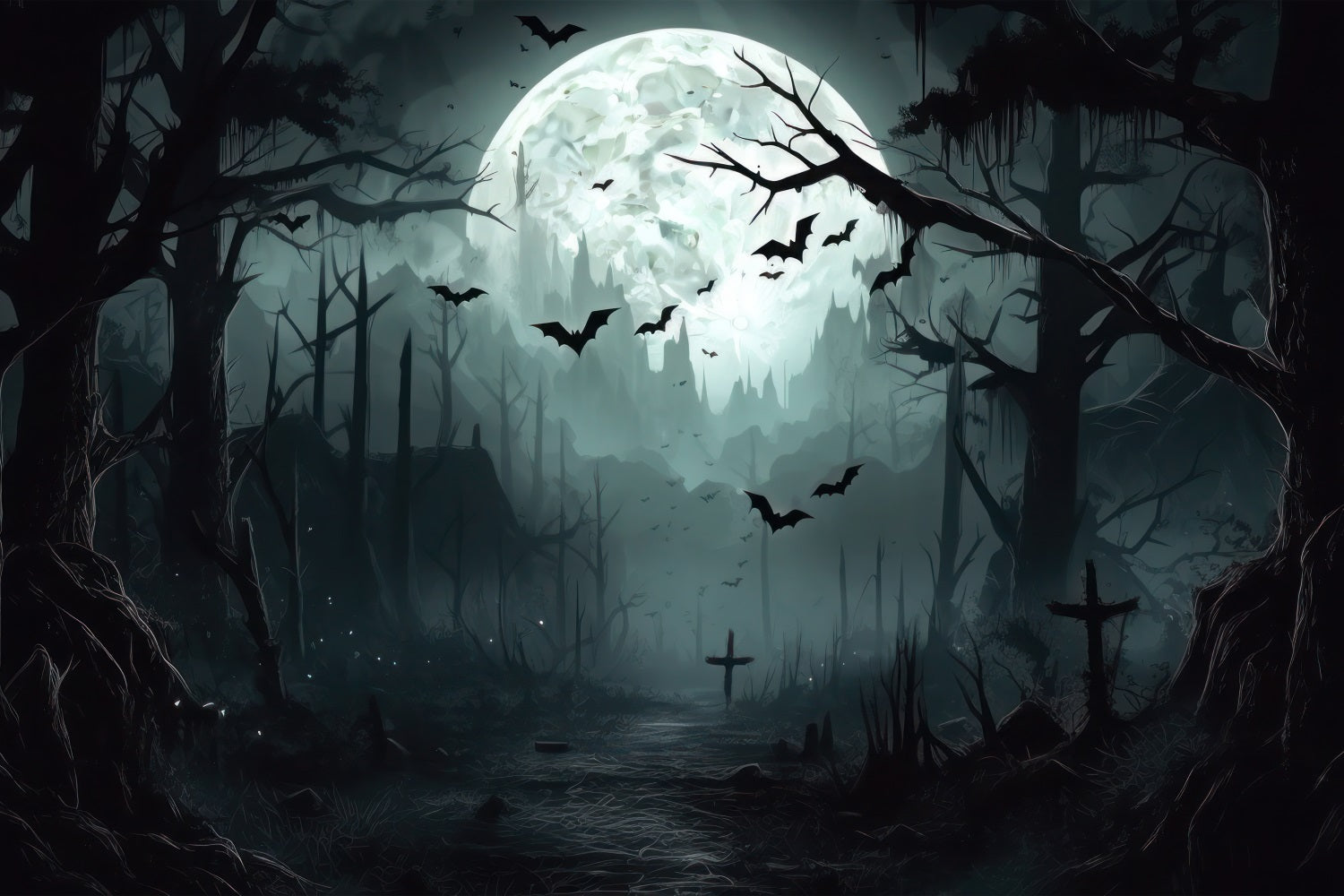 Halloween Forest Backdrop Moonlit Haunted Graveyard Garage Door Backdrop GQ67-6