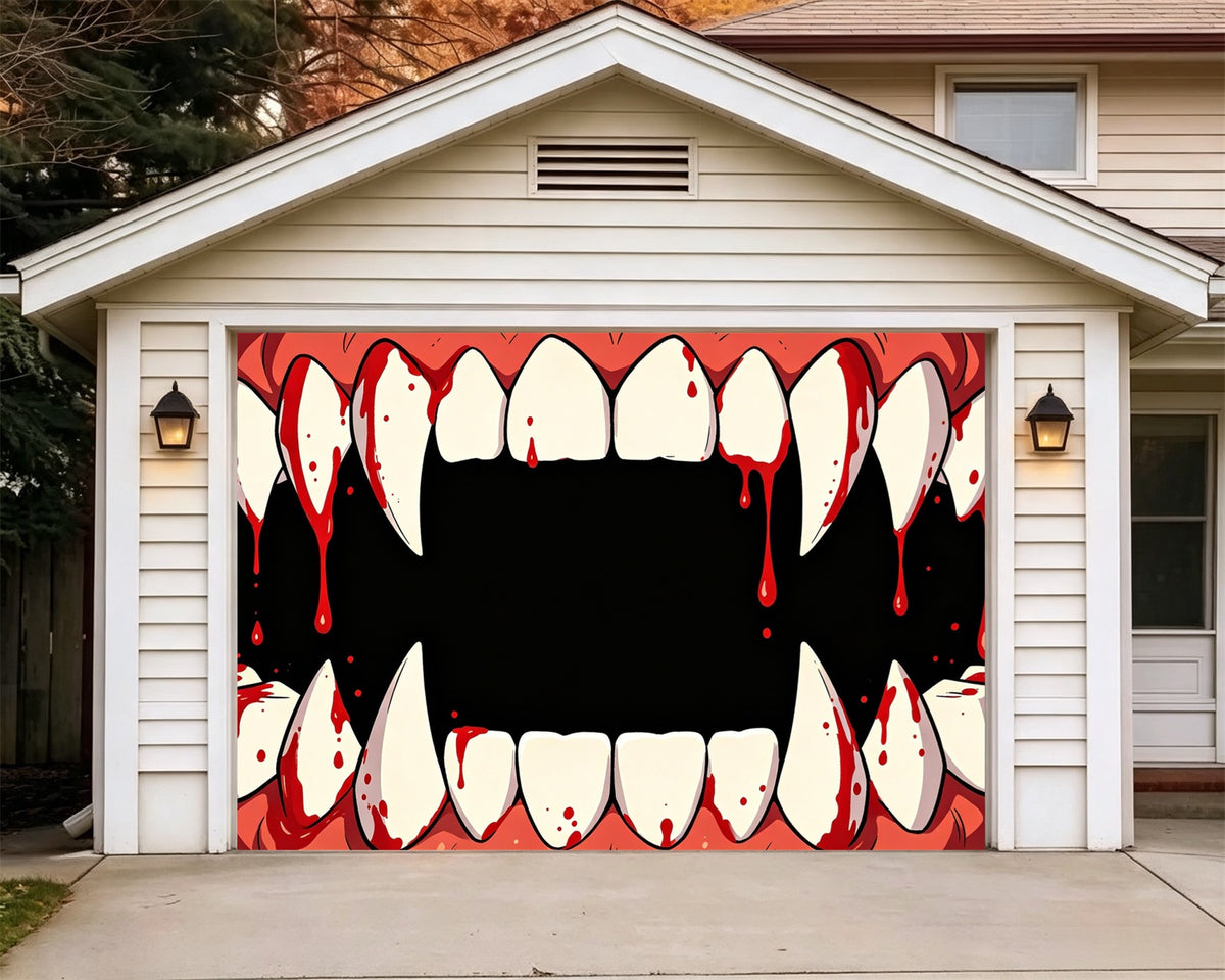 Scary Halloween Garage Door Banner Bloody Fang Mouth Halloween Yard Garage Door Decor GQ67-60-1 car