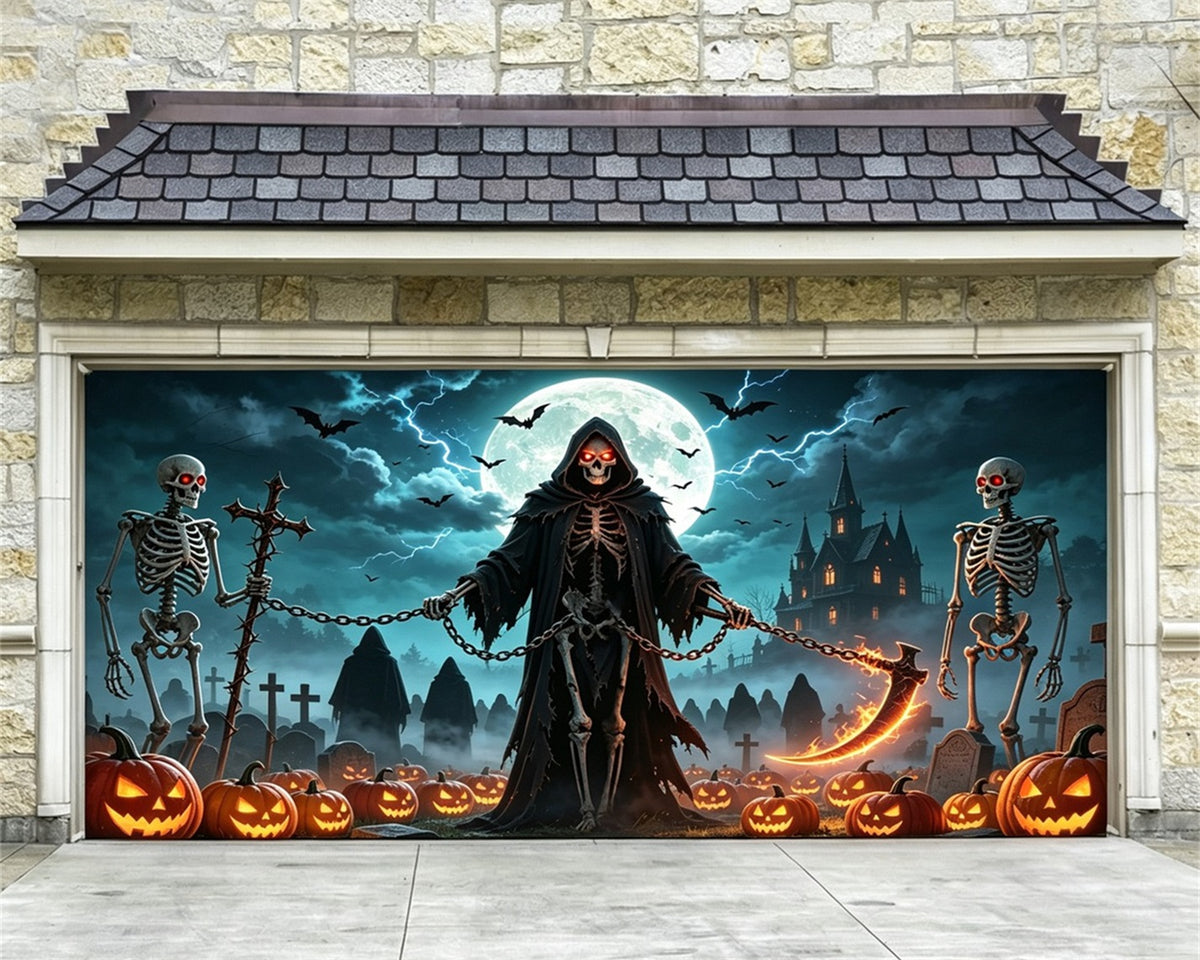 Skeleton Halloween Garage Door Banner Grim Reaper Graveyard Halloween Garage Door Cover GQ67-68-2 car