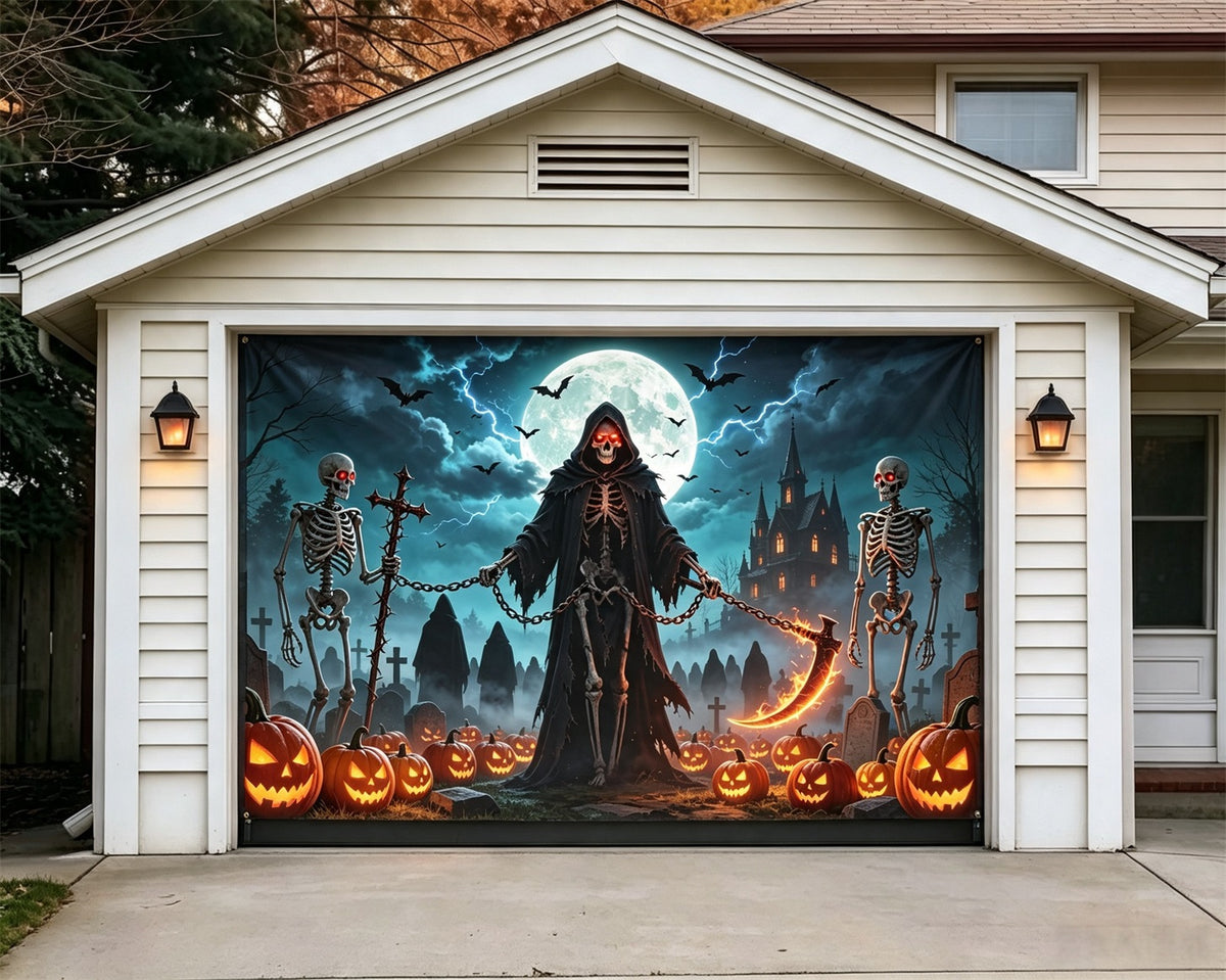 Skeleton Halloween Garage Door Banner Grim Reaper Graveyard Halloween Garage Door Cover GQ67-68-1 car