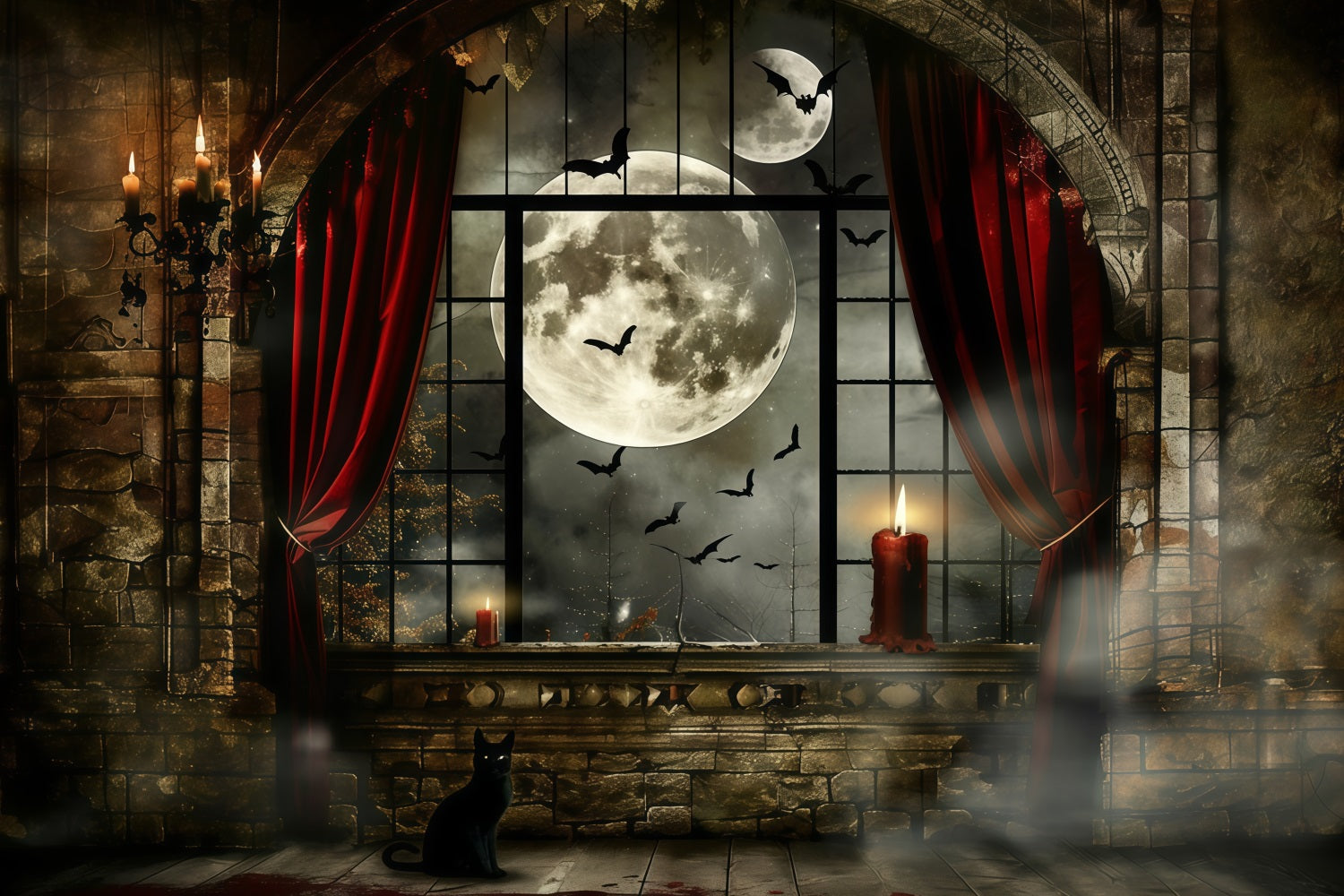 Halloween Moon Backdrop Black Cat Gothic Window Garage Door Poster GQ67-7