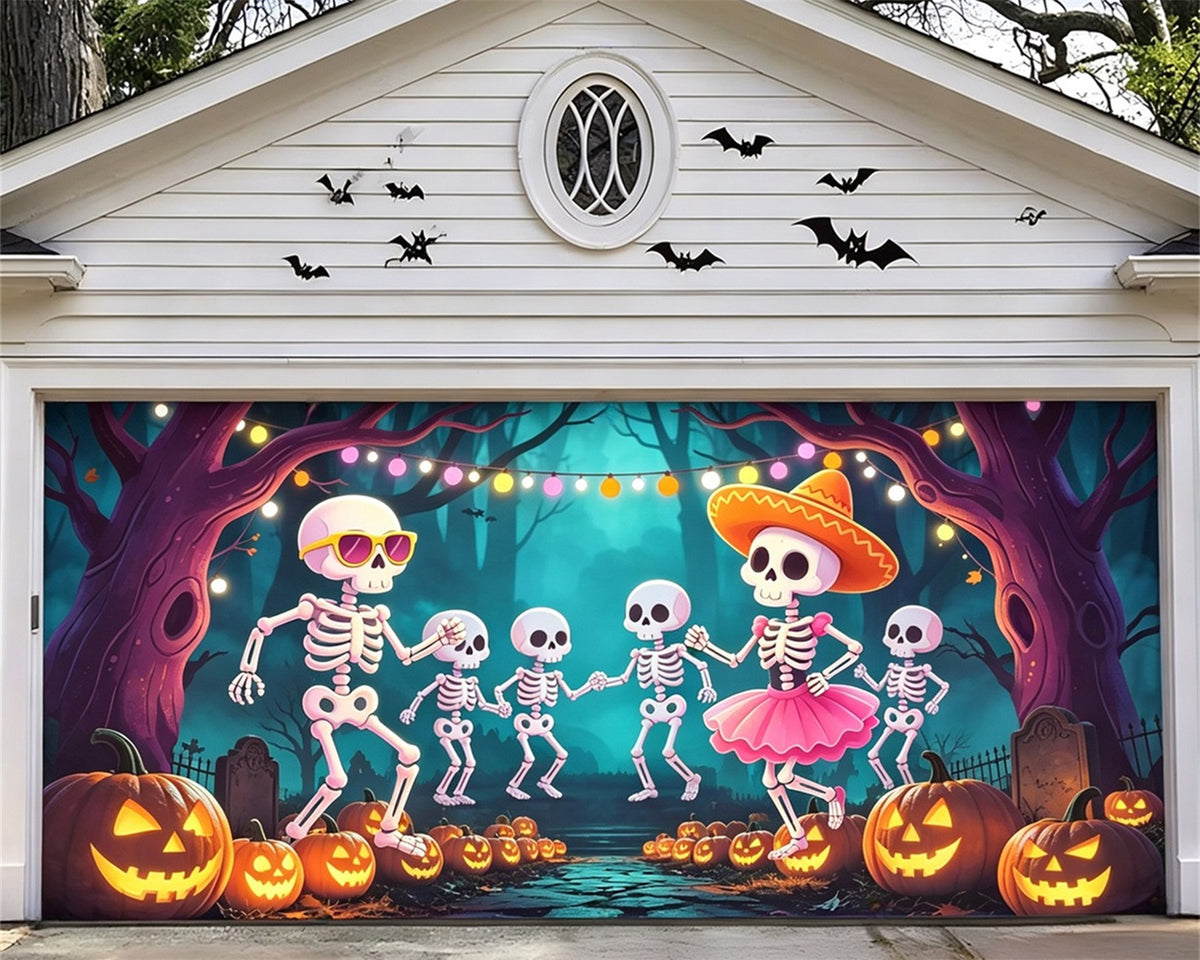Skeleton Halloween Garage Door Banner Forest Dance Party Halloween Garage Door Decorations GQ67-78-2 car